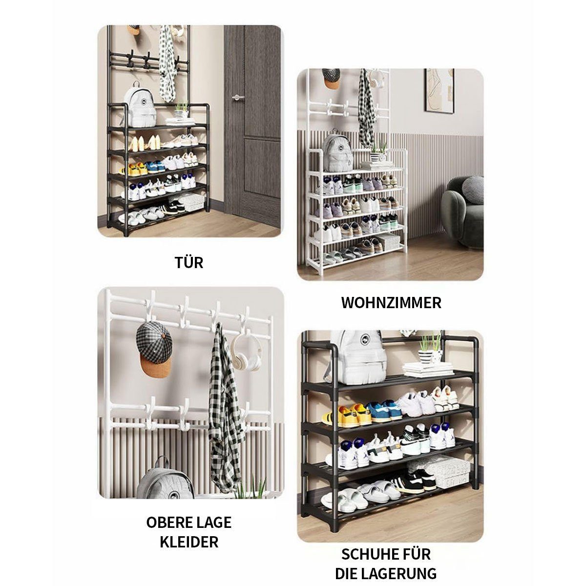 POPOLIC Garderobenständer Cloak Rack, Shoe Bench, 3-in-1-Schrank für den Eingangsbereich, (Kleiderständer fürs Schlafzimmer, mit 8 Doppelhaken, 4 Schichten), Multifunktionaler Taschenständer, bodenstehender Schuhständer