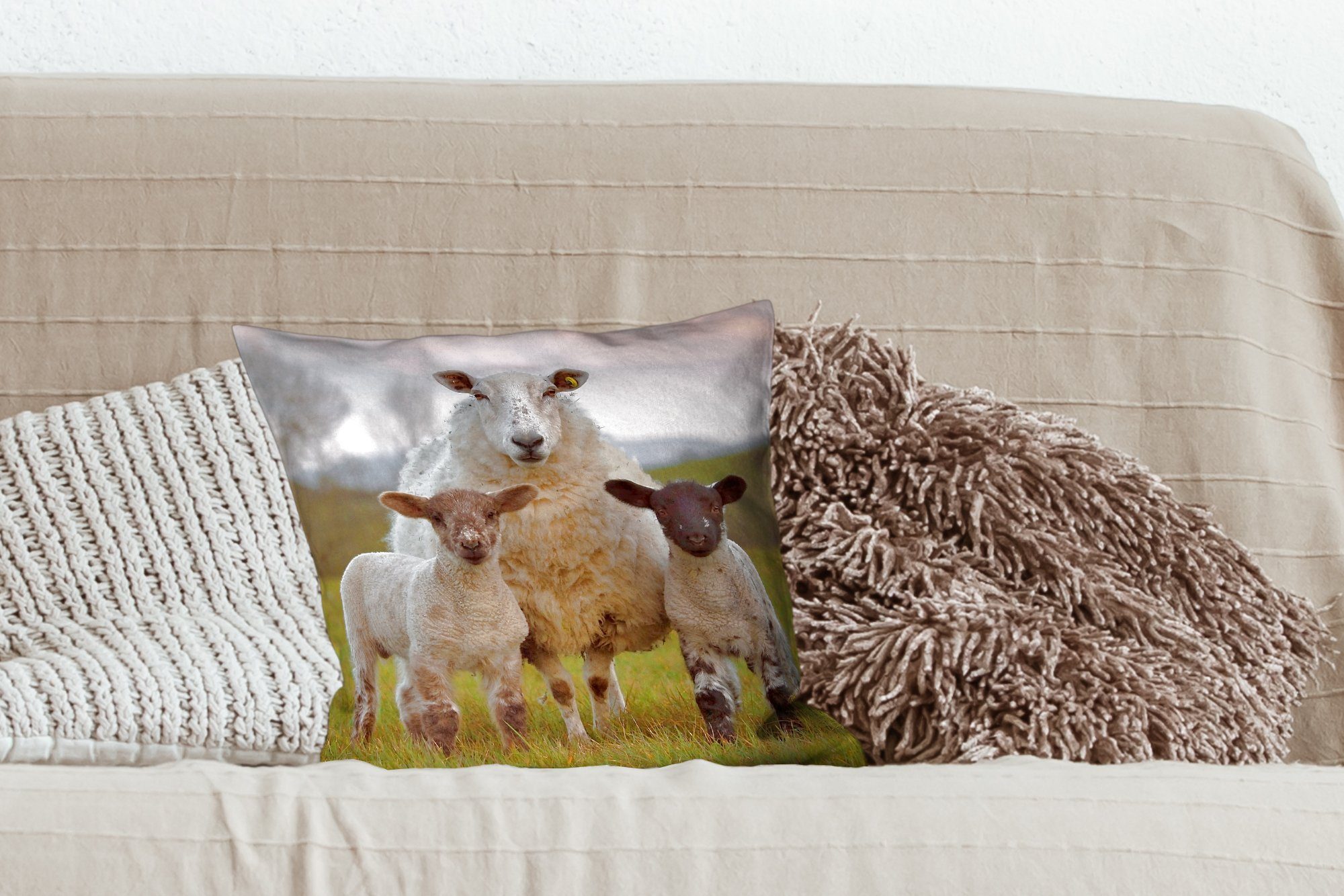 MuchoWow Dekokissen Schafe - Natur Weiß, Schlafzimmer, - Deko, mit Wohzimmer, für Schwarz Füllung Sofakissen Zierkissen 