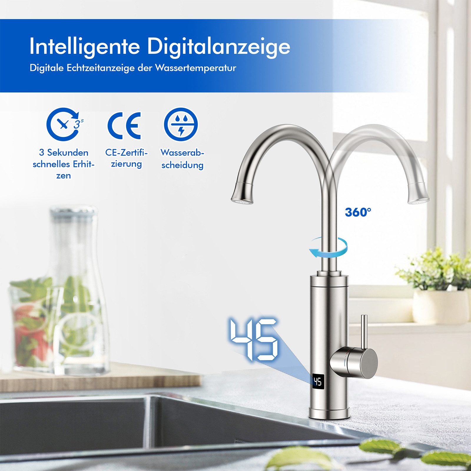 HOMELODY Küchenarmatur Elektrischer Wasserhahn mit Durchlauferhitzer und Digitalanzeige 3300W Sofort Warmwasserhahn für Küche aus Edelstahl mit G3/8 Anschluss – Bild 5 von 5