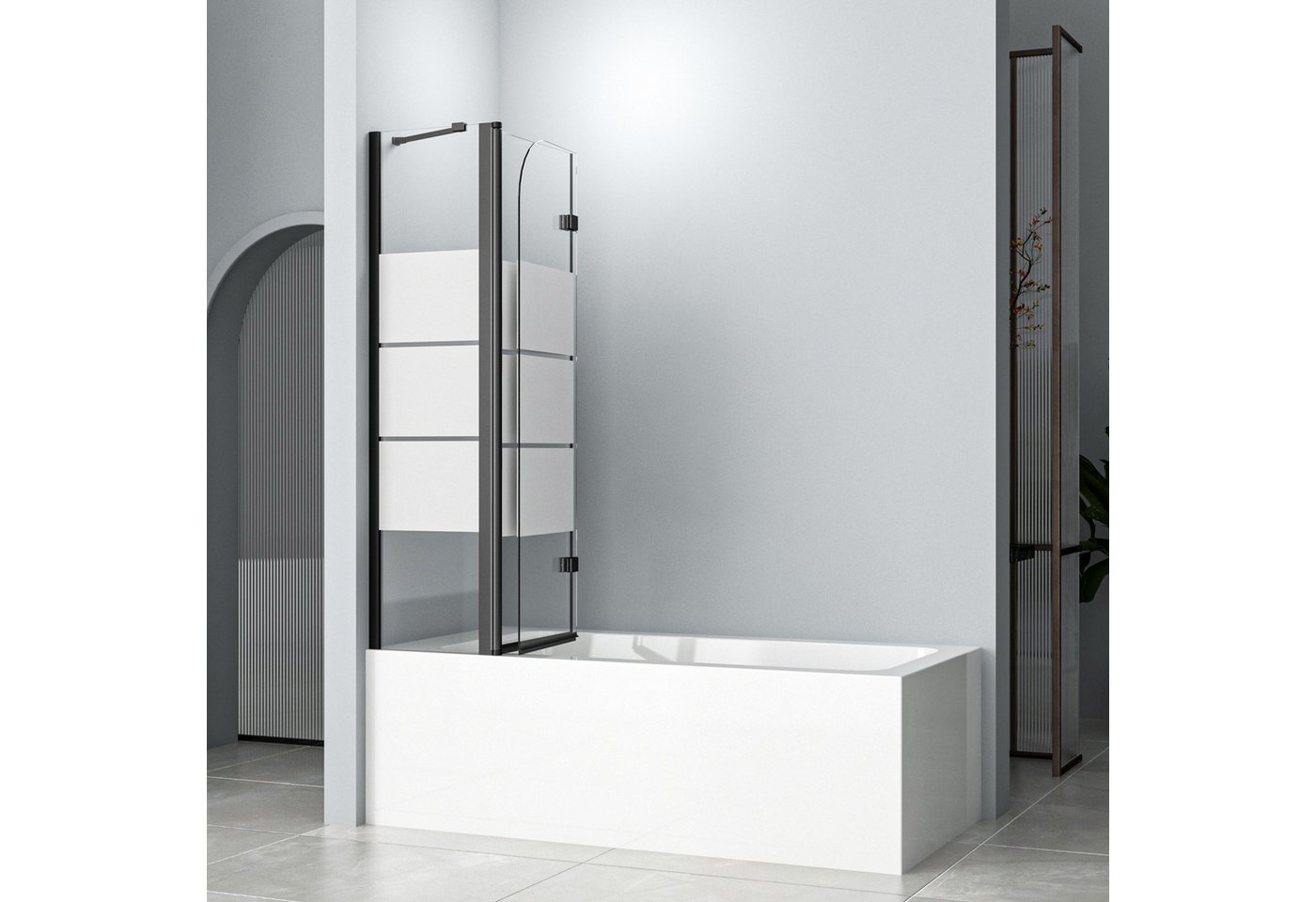 Thumbnail - Hopibath Badewannenaufsatz Schwarz 150cm x 140cm Duschwand Badewanne faltbar milchglas mit Stange, Sicherheitsglas mit h...