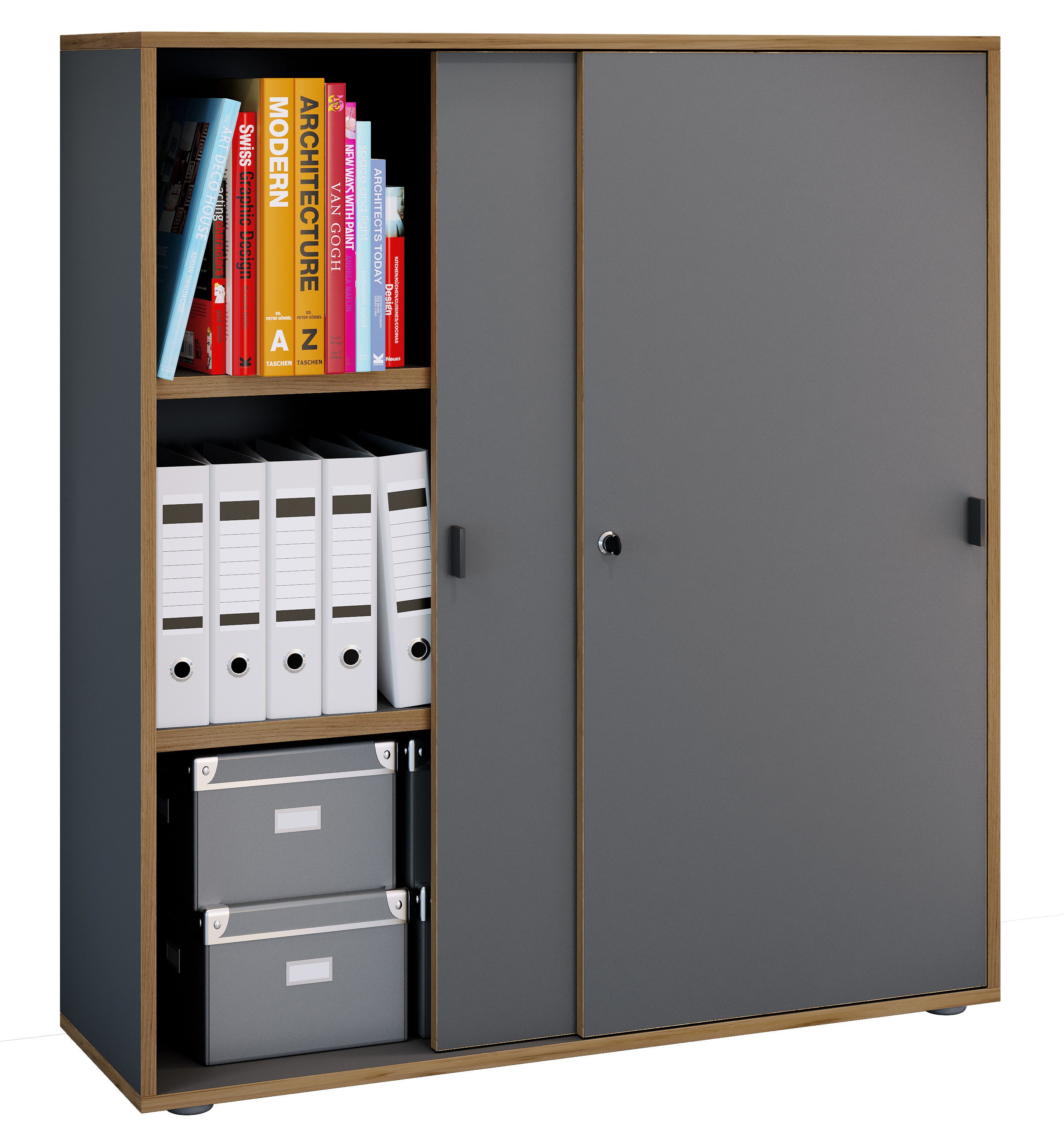 VCM Aktenschrank Arbeitszimmer Salia B. 100 x T. 37 x H. 110 cm Aktenschrank mit 3 Fächern, Schiebetüren, für Büro und Homeoffice
