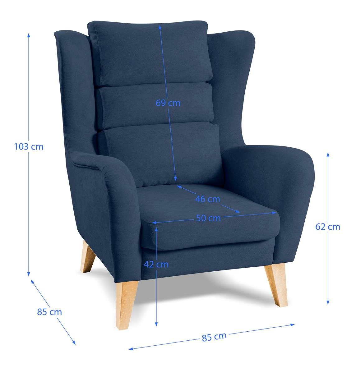Relaxsessel (Loungesessel aus für Wohnzimmer, 242) (mono (Buche Blau oder mit Polstersessel Velvetstoff), Sessel Holzbeine Atlas Beautysofa Wenge)