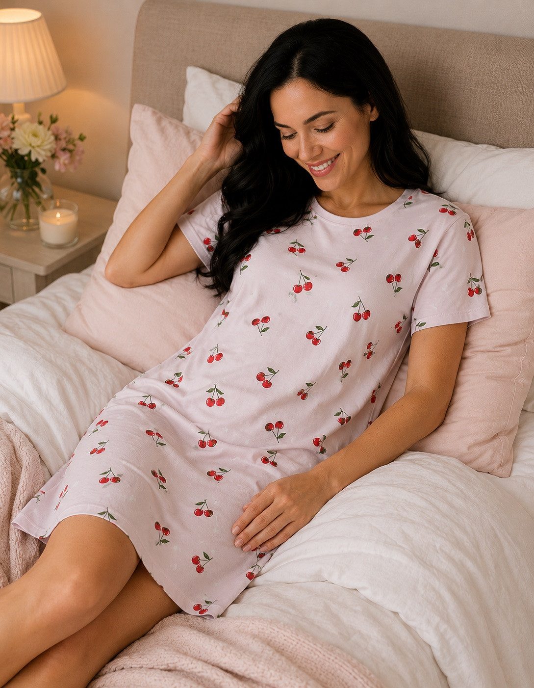 Rungassi Nachthemd Nachthemd Damen Kurzarm Schlafshirt Baumwolle Rosa mit Kirschen 6820