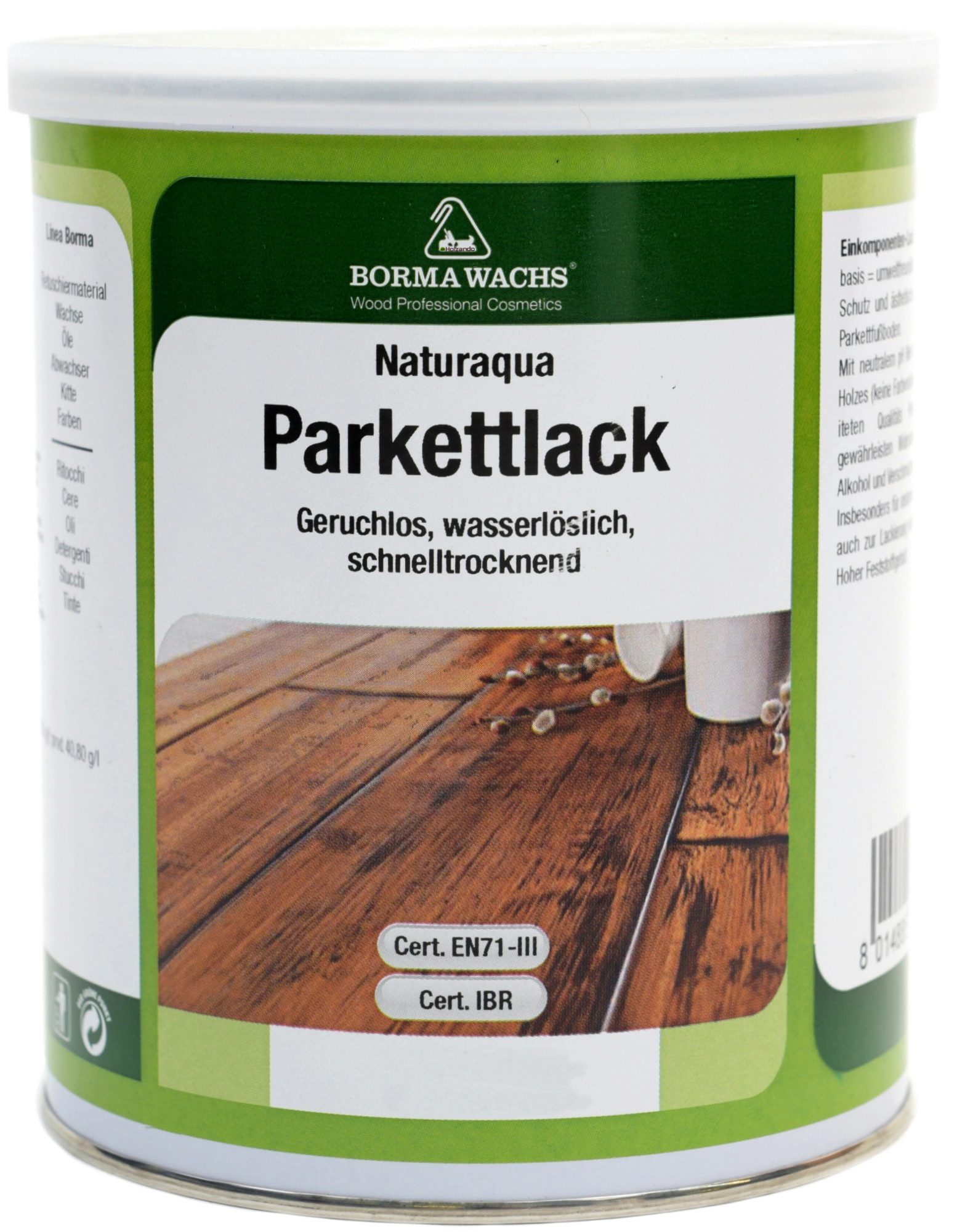 BORMA Treppen- und Parkettlack Parkettlack auf Wasserbasis - 1 Liter, Seidenmatt 30, Geruchsarme Rezeptur und gleichzeitig hoher Strapazierfähigkeit