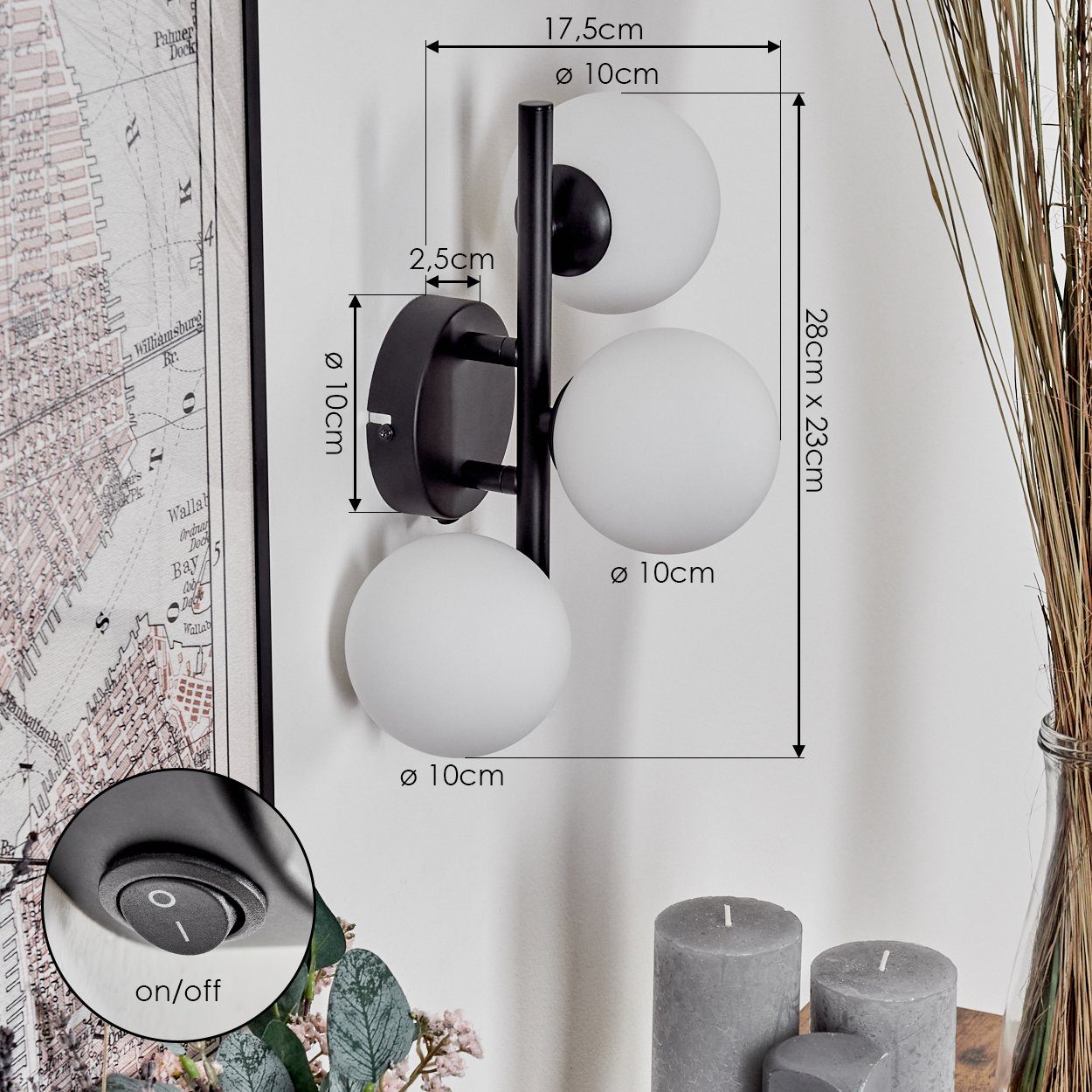 hofstein Wandleuchte Wandlampe aus Metall/Glas in Schwarz/Weiß, ohne Leuchtmittel, Leuchte mit Glasschirmen, An/-Auschalter, 3xG9, ohne Leuchtmittel