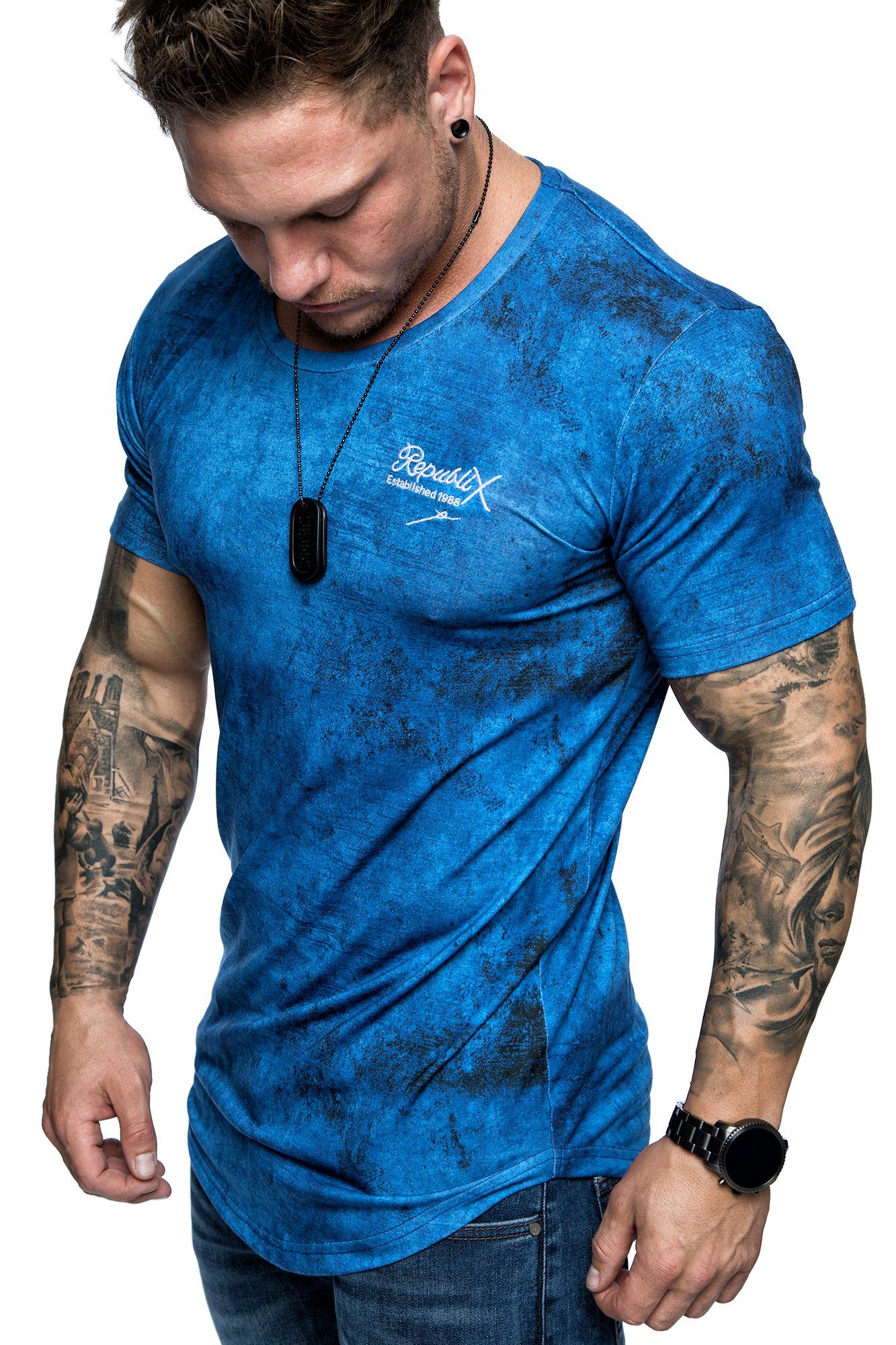 REPUBLIX T-Shirt JEFF Herren Oversize Crew Neck Marble Design Shirt mit Rundhalsausschnitt Royalblau