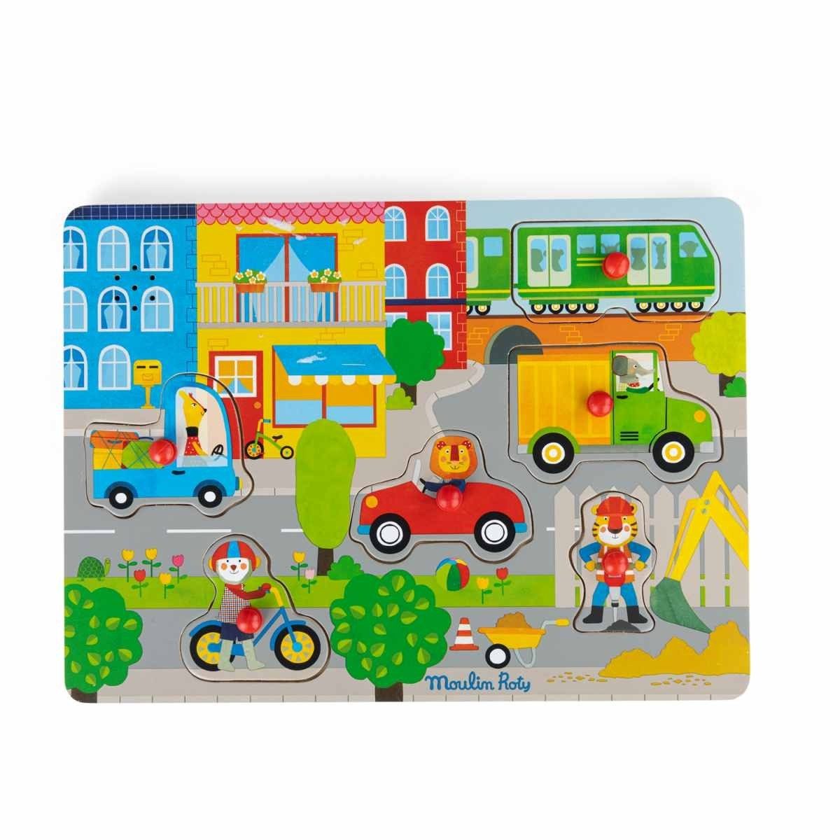 Moulin Roty Puzzle Popipop Soundpuzzle Stadt für Kinder mit Motiv Stadt als Geschenkidee, Puzzleteile, Soundpuzzle