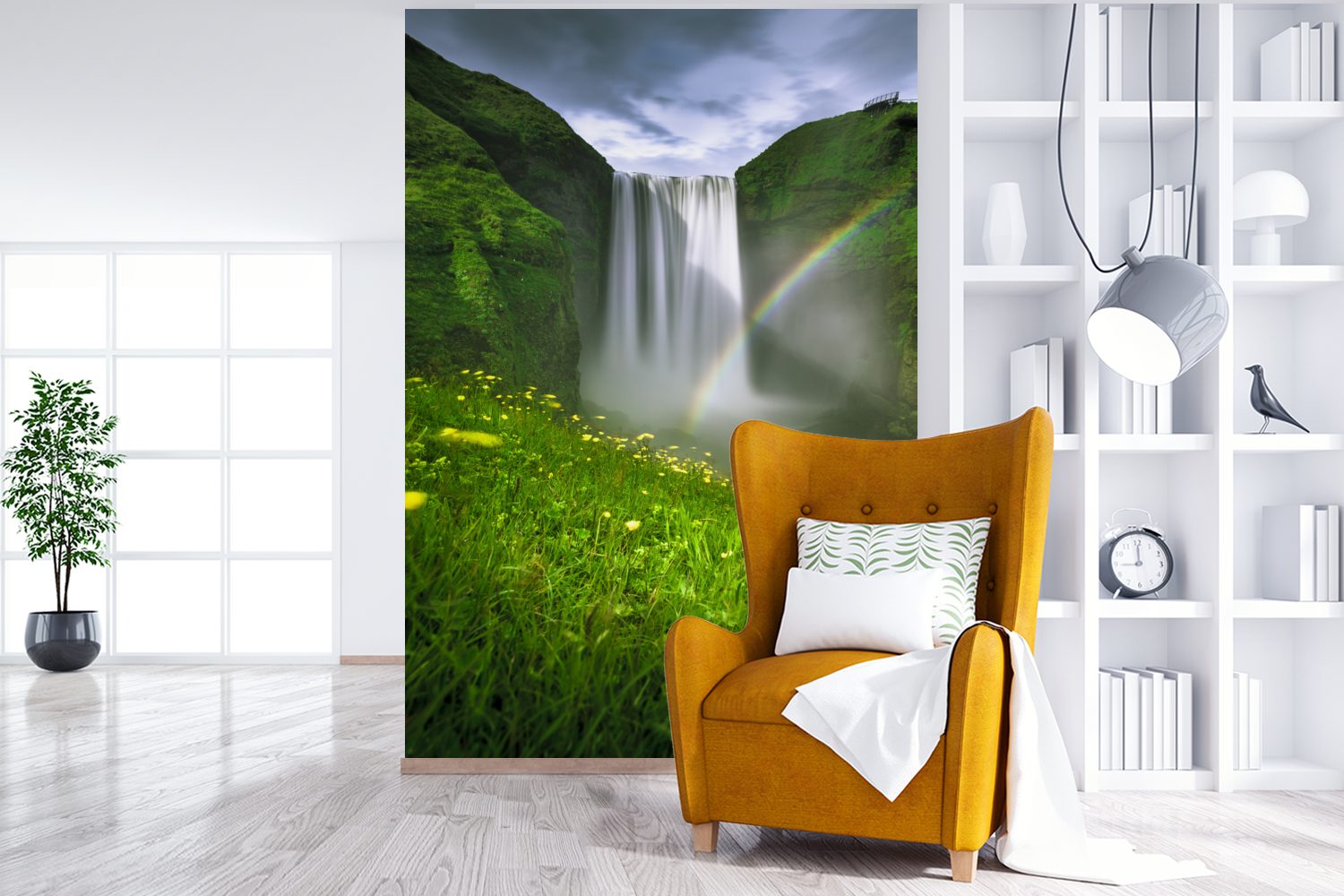 MuchoWow Fototapete Regenbogen - Wasserfall Matt, bedruckt, Wandtapete Tapete Natur, für Wohnzimmer, (3 St), Montagefertig Vinyl 