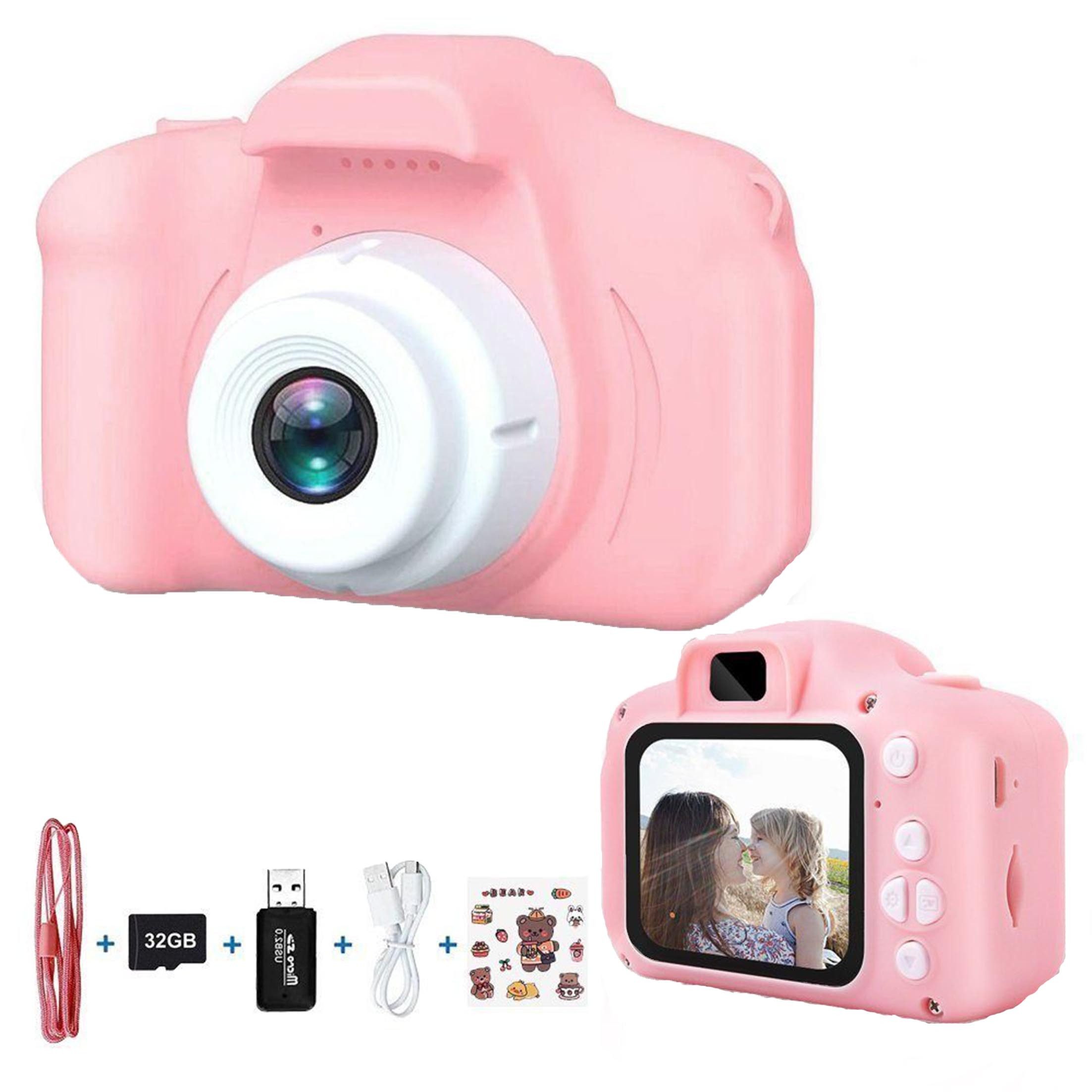 KINSI Kinderkamera mit 2,0 Zoll,Cartoon-Stickern,1080P HD 32GB,USB-Aufladung Kinderkamera (Für Geburtstagsgeschenk Weihnachten Spielzeug)