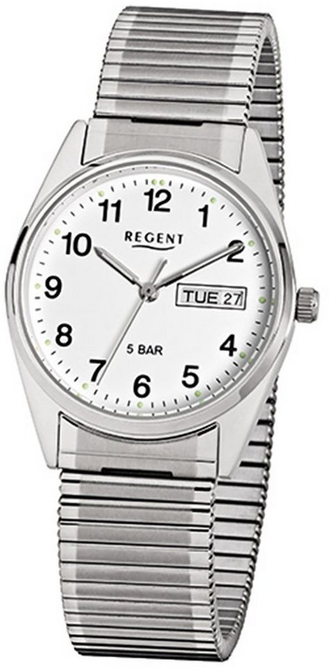 Regent Quarzuhr Regent Herren-Armbanduhr silber Analog, Herren Armbanduhr  rund, mittel (ca. 33mm), Edelstahlarmband, Leuchtzeiger