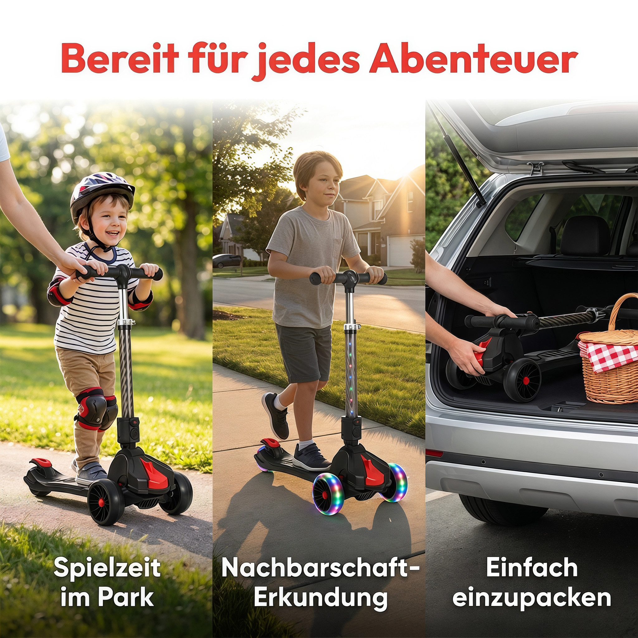 oyajia Cityroller Roller Kinder Scooter Dreiradscooter mit PU LED Räder Faltbar, bis 50 kg,roller kinder,kinder roller,Höhenverstellbar,Hinterradbremse – Bild 3 von 5