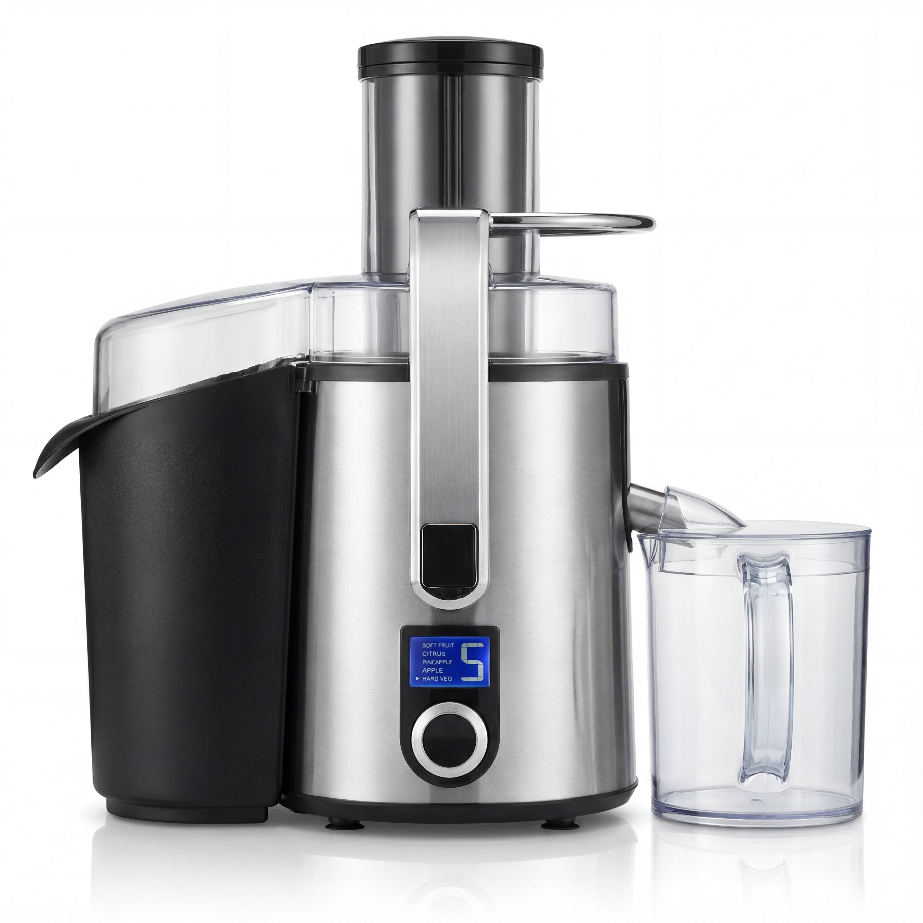 Arendo Zentrifugenentsafter Zentrifugaler Entsafter für Obst & Gemüse, Saftpresse, Zitruspresse, 1000 W, LCD-Display, 5 Stufen, 2L Tresterbehälter & Edelstahl-Design