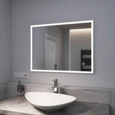 EMKE Badspiegel EMKE Badspiegel mit Beleuchtung, LED Wandspiegel, 80x60cm mit Touch-schalter, Kaltweiß 6500K (Modell K)