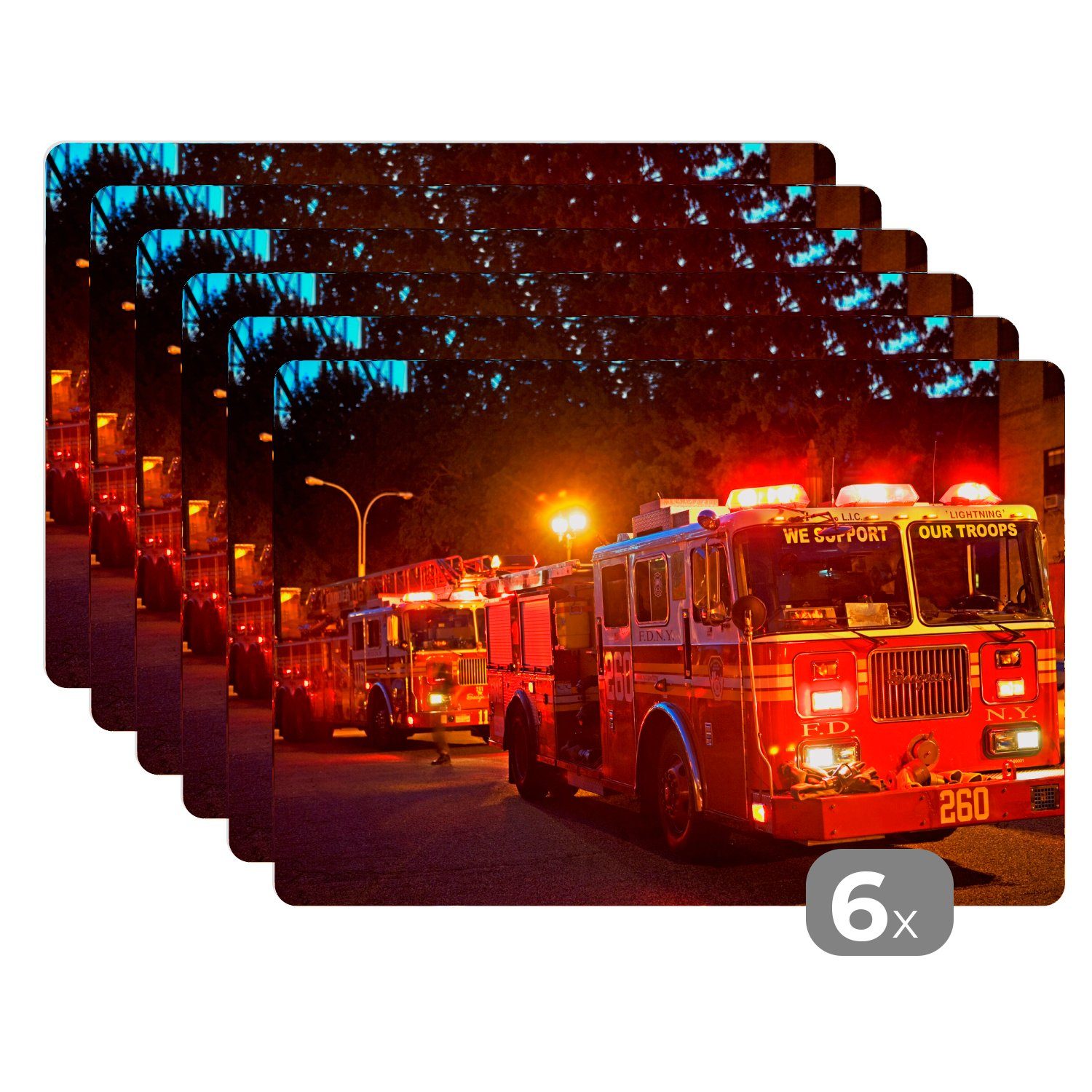 Platzset, Feuerwehrfahrzeuge von New York City, MuchoWow, (6-St), Platzset, Platzdecken, Platzmatte, Tischmatten, Schmutzabweisend
