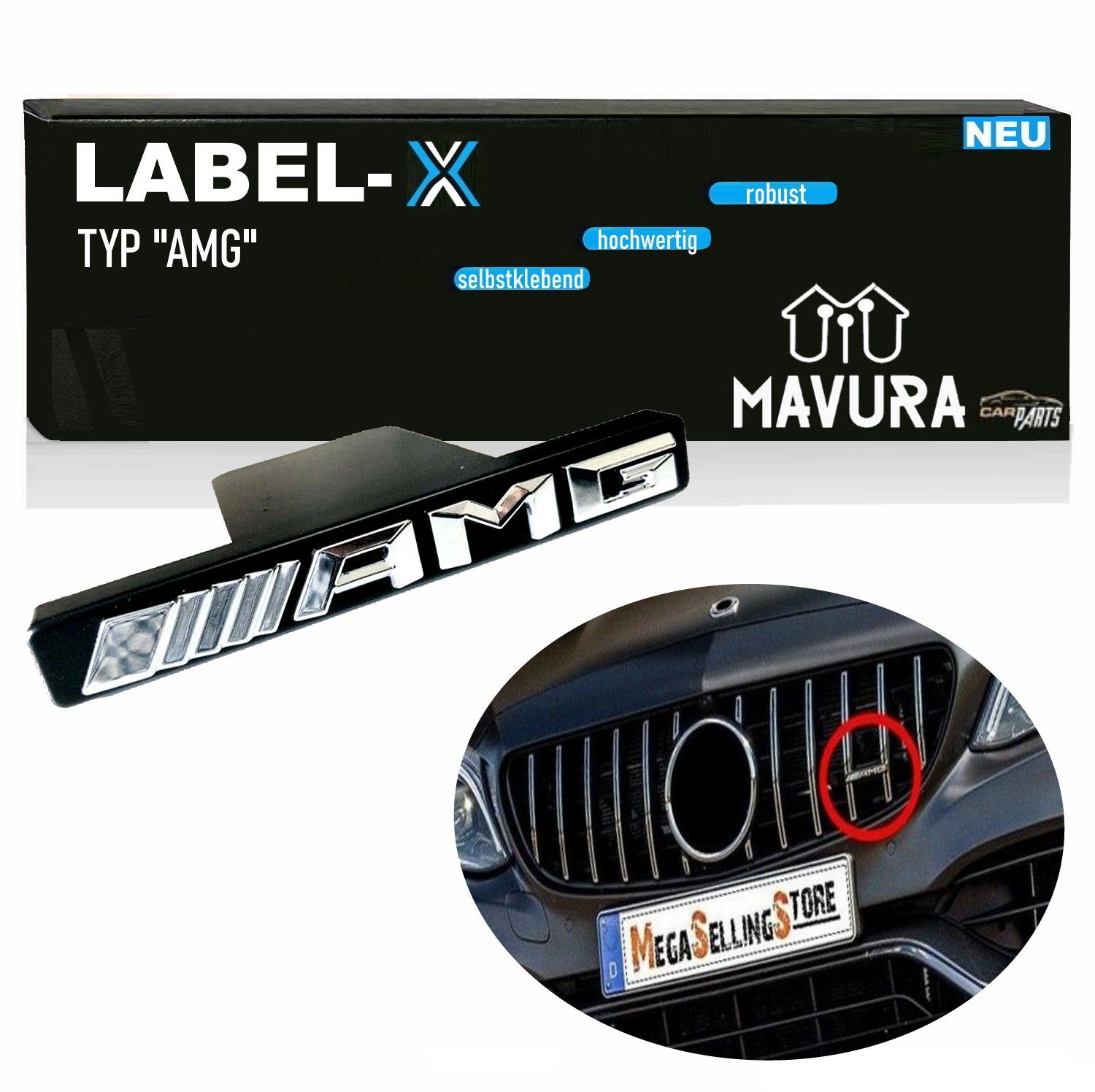 MAVURA Aufkleber LABEL-X "AMG" Schriftzug Emblem Logo f. Mercedes Panamericana, Kühlergrill für ALLE Fahrzeugmodelle