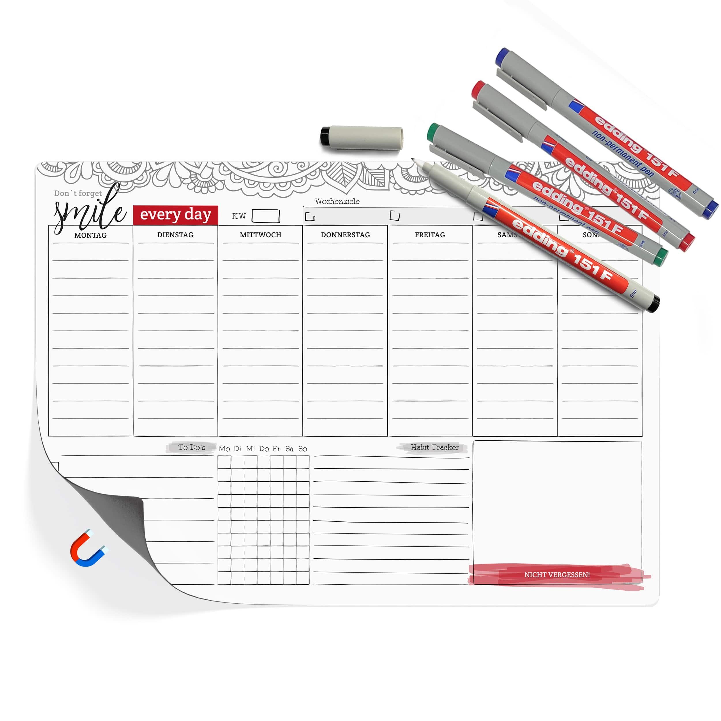 TOBJA Magnettafel Magnetischer Wochenplaner + Habit Tracker und To-Do-Liste, (Spar-Set), Abwischbarer Organizer inklusive 4 Markenstifte DIN A4