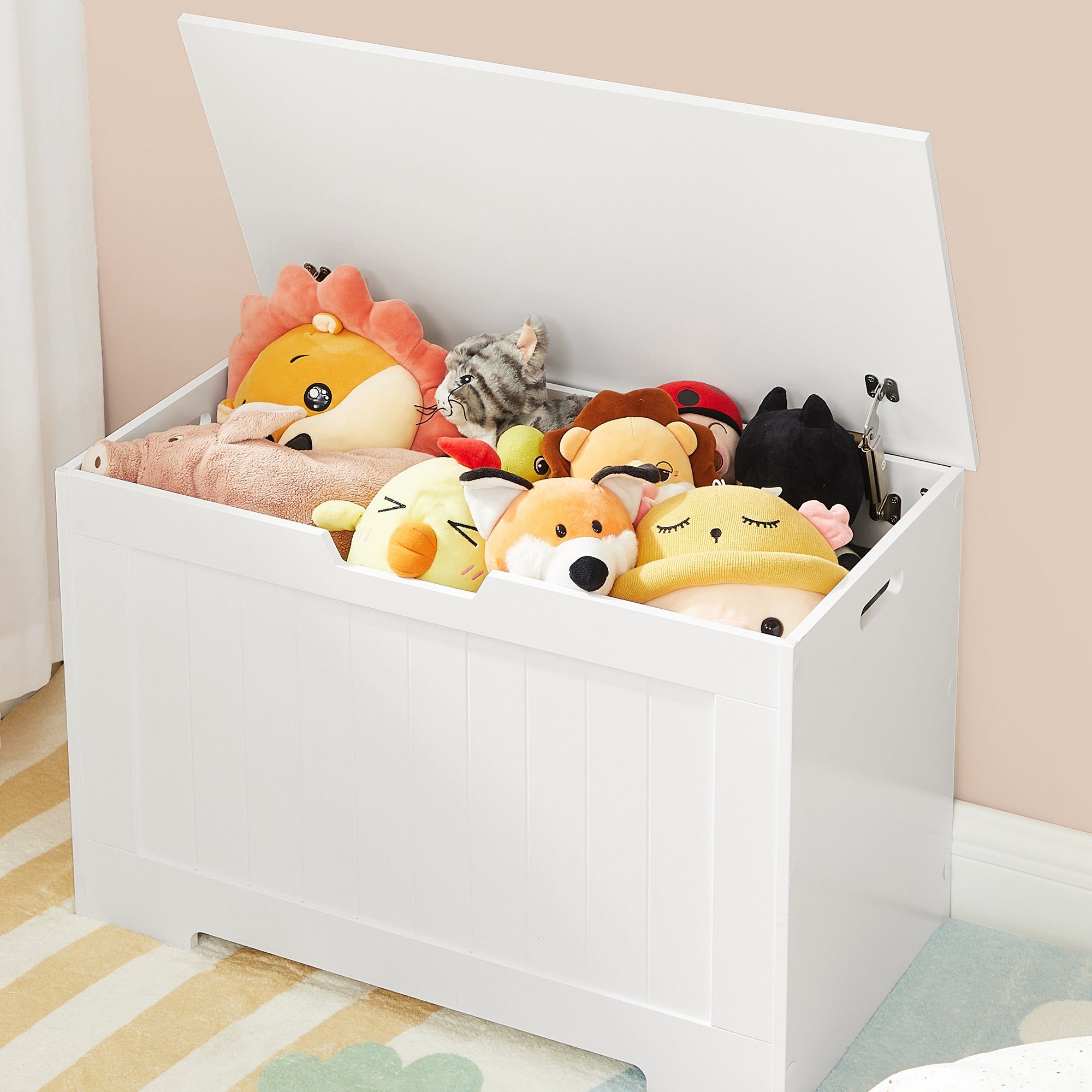 VASAGLE Sitzbank Schuhbank, Sitztruhe, 40 x 76 x 48 cm, Flur, Schlafzimmer, Wohnzimmer (1-St), mit Stauraum, 2 Sicherheitsscharniere, Landhausstil, wolkenweiß