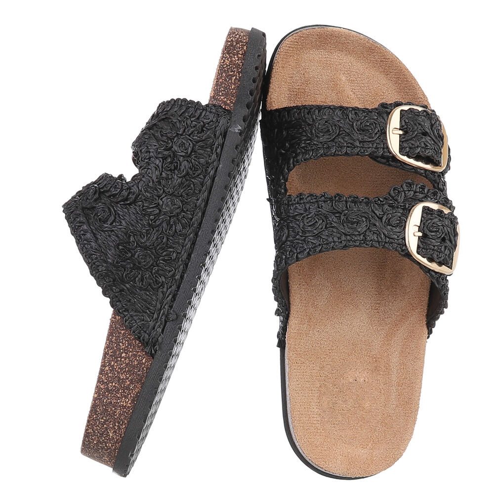 Ital-Design Stylische Damen Sandalen mit Doppelschnalle für den Sommer Pantolette (89852759) Flach Pantoletten in Schwarz