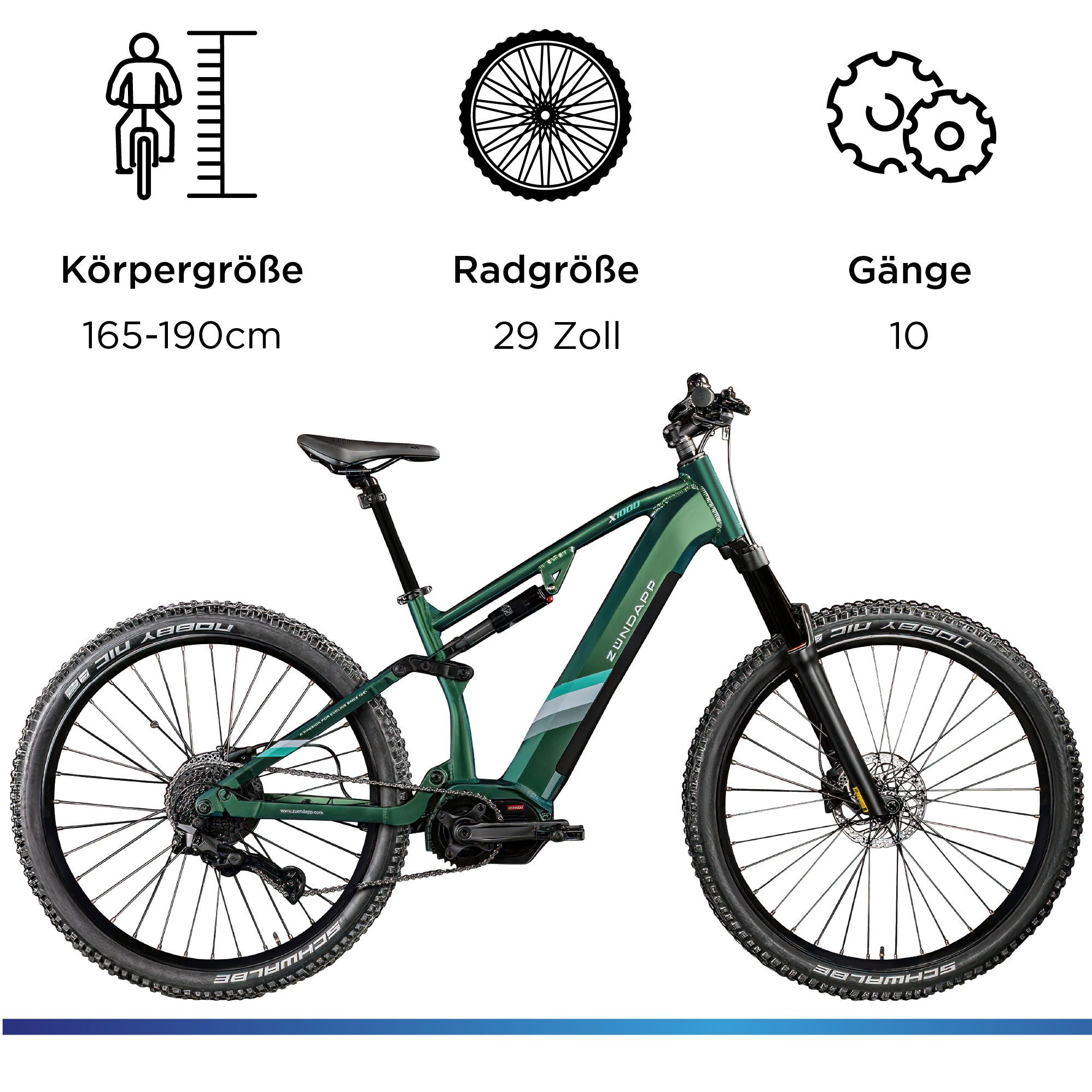 Zündapp E-Bike Mountainbike X1000, 10 Gang Shimano Cues U62020 SGS Schaltwerk, Kettenschaltung, Mittelmotor, 733 Wh, E Bike Mountainbike Fully 29 Zoll 10 Gänge Pedelec Damen Herren 730 Wh