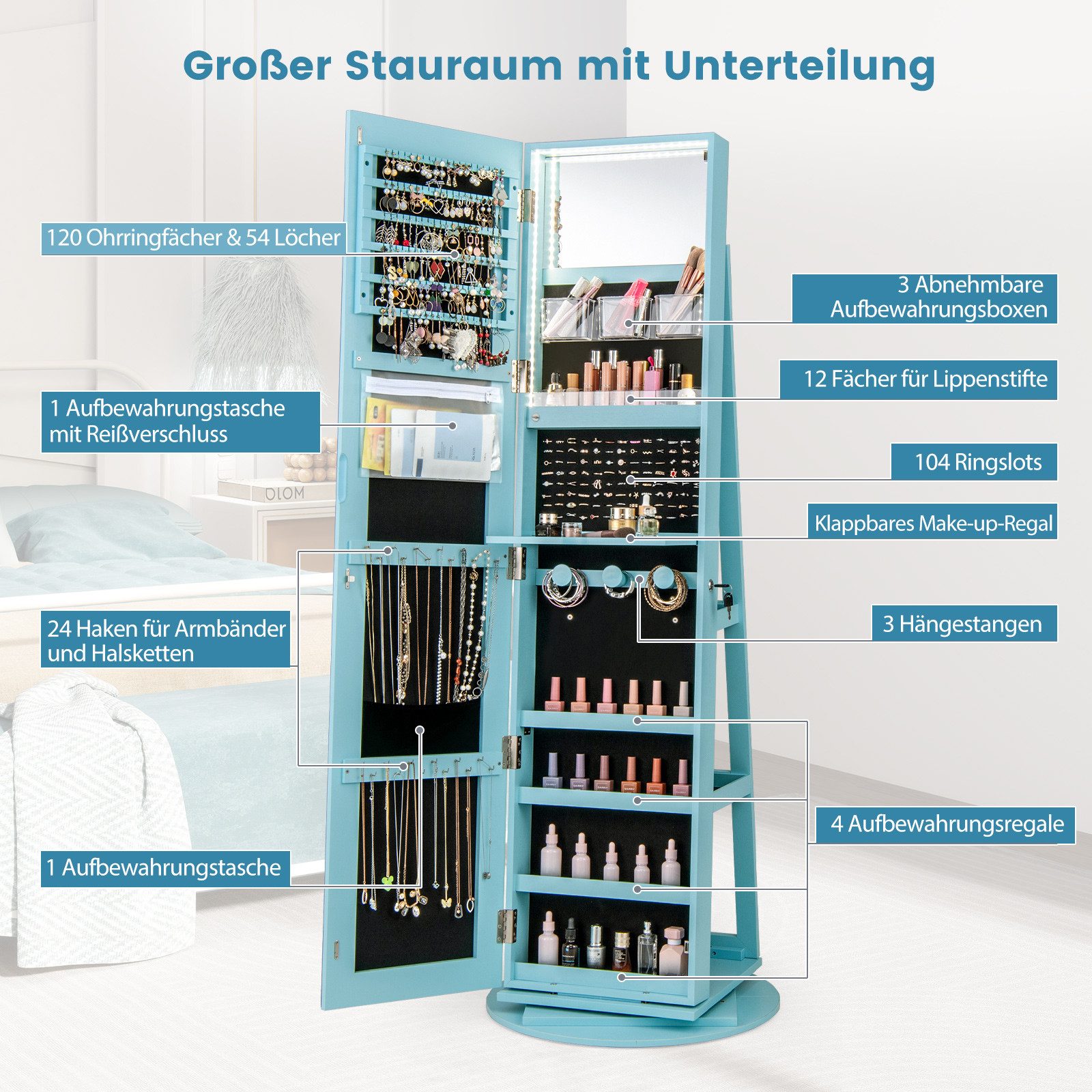 COSTWAY Schmuckschrank mit Ganzkörperspiegel & LED stehend, drehbar, abschließbar