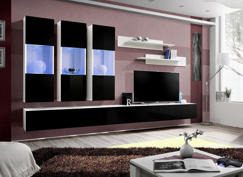 JVmoebel Wohnzimmer-Set Wohnzimmer Ständer Wohnwand TV Wandschrank in 2x Wohnwand 1x + Wandregal), + (8-St., 2x Holzmöbel, Made Designer + 3x Europa Modern
