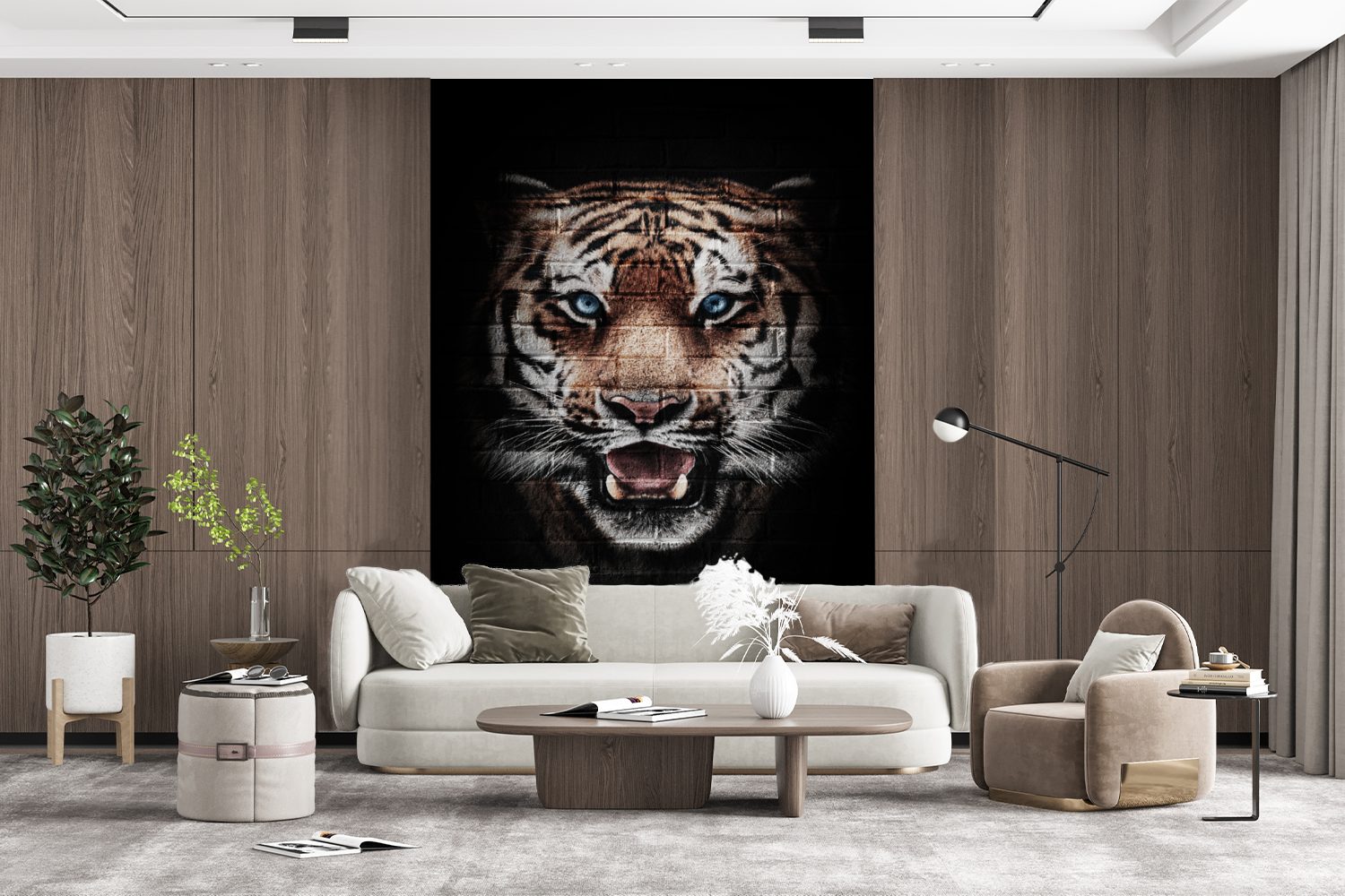 MuchoWow Fototapete Tiger - bedruckt, Vinyl Matt, (3 Tiere, St), Wandtapete Tapete Montagefertig für Ziegelstein Wohnzimmer, 