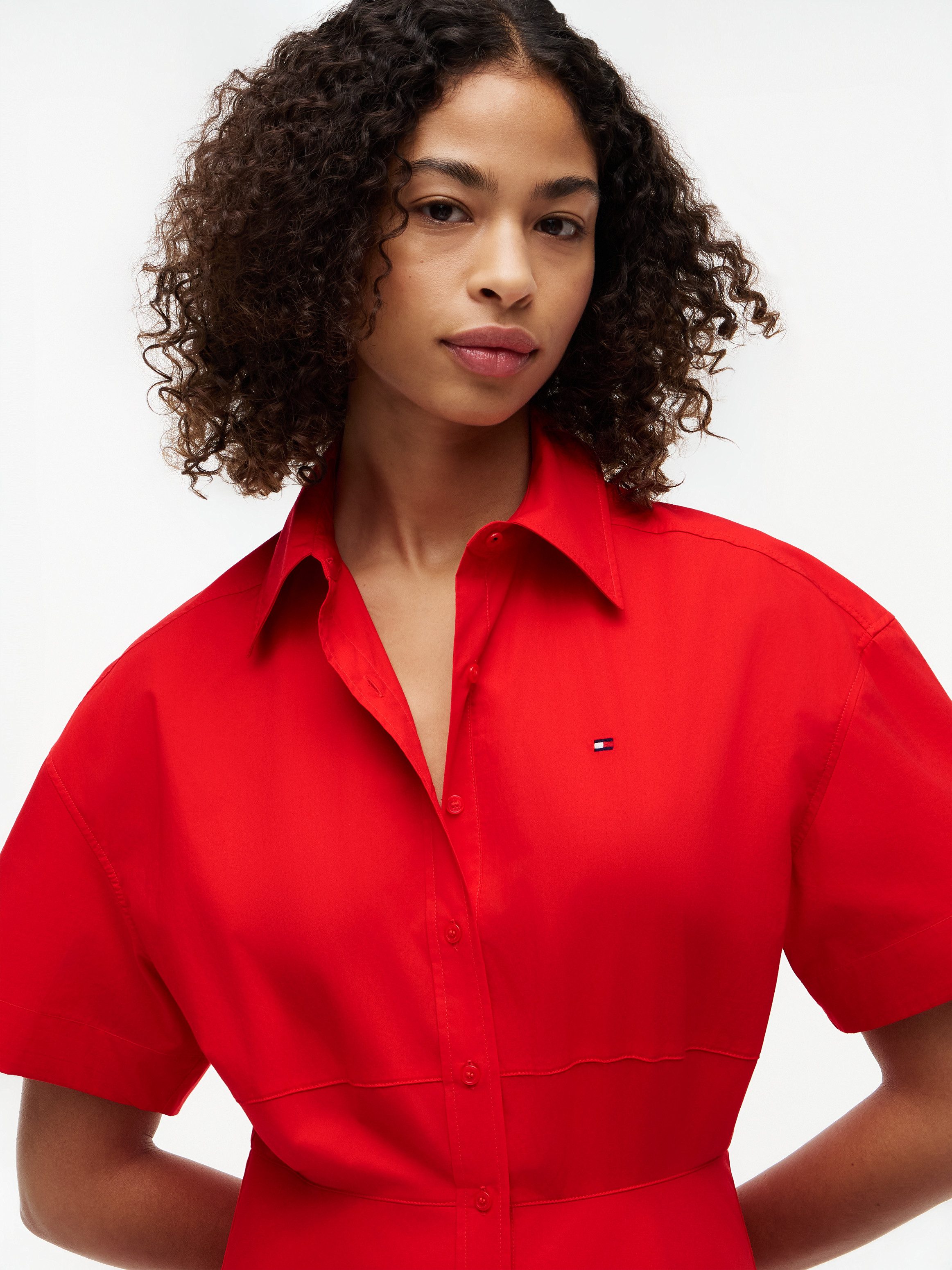 Tommy Hilfiger Blusenkleid POPLIN FLRE SS MIDI SHRT DRS Baumwolle