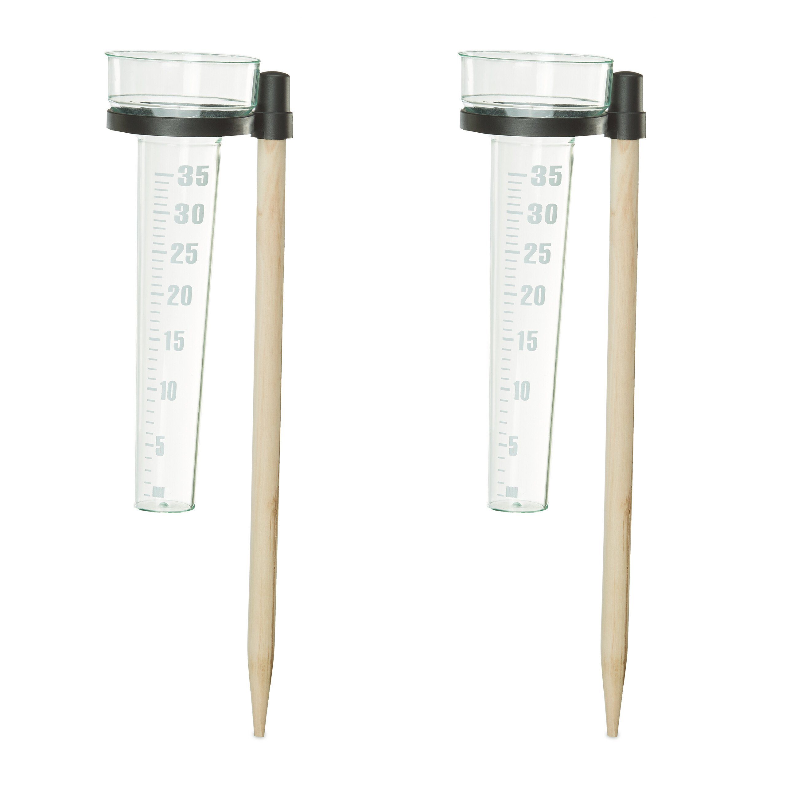 relaxdays 2er Set mit Stab Regenmesser (2x Regenmesser mit Halterungen und 2x Holzstäbe)