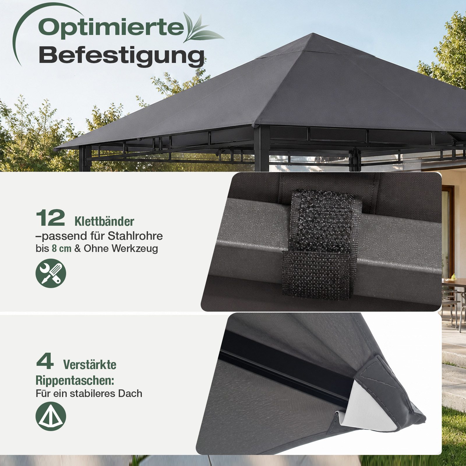 Sekey Pavillon-Ersatzdach Ersatzdach für Gartenpavillon 3x3 m Wasserdicht mit UV-Schutz, Robustes 800D Polyestergewebe mit doppelter PU-Beschichtung – Bild 2 von 5