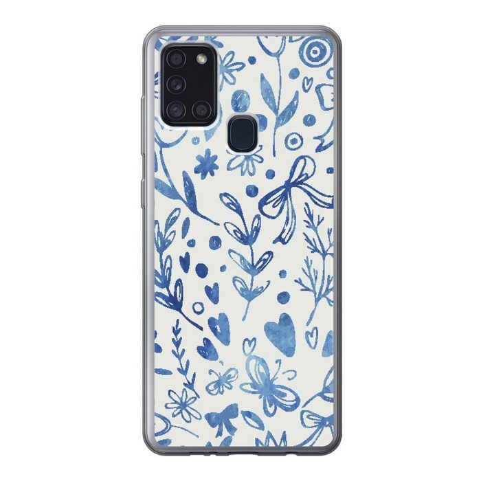 MuchoWow Handyhülle Ein florales Muster in blauen Farben Handyhülle Samsung Galaxy A21s Smartphone-Bumper Print Handy