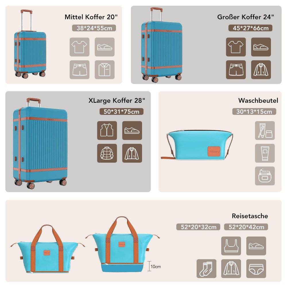 VALLSERO Trolleyset Hartschalen-Koffer set (M, L,XL) Rollkoffer, Reisekoffer, Handgepäck 4 Rollen, ABS-Material, TSA Zollschloss