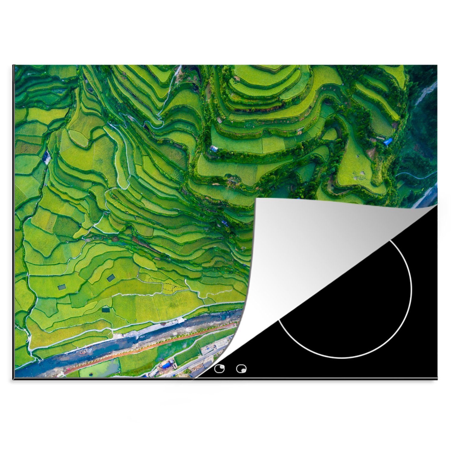 grünen, tlg), (1 von 70x52 cm, Eine Vinyl, nutzbar, Arbeitsfläche MuchoWow Mobile Herdblende-/Abdeckplatte Ceranfeldabdeckung atemberaubende Luftaufnahme trockenen Reisfeldern in,