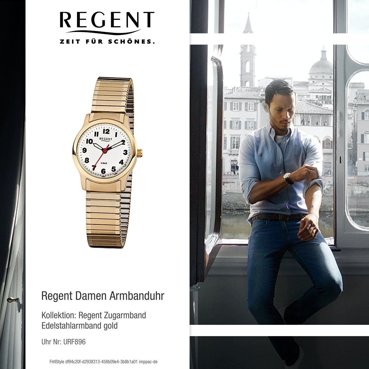Quarzuhr 28mm) Regent Armbanduhr klein Edelstahl, (ca. F-896, Regent goldarmband Damen-Armbanduhr rund, gold Damen Analog