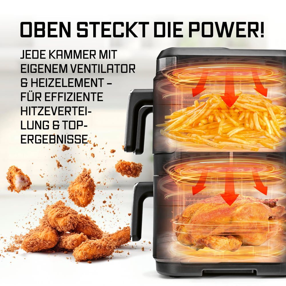 GOURMETmaxx Heißluftfritteuse GOURMETmaxx Heißluft-Fritteuse 3000W schwarz/ Edelstahl 17l 3 Frittierkammern mit Sichtfenster, 3000 W, Heissluftfritteuse LED-Kla – Bild 5 von 5