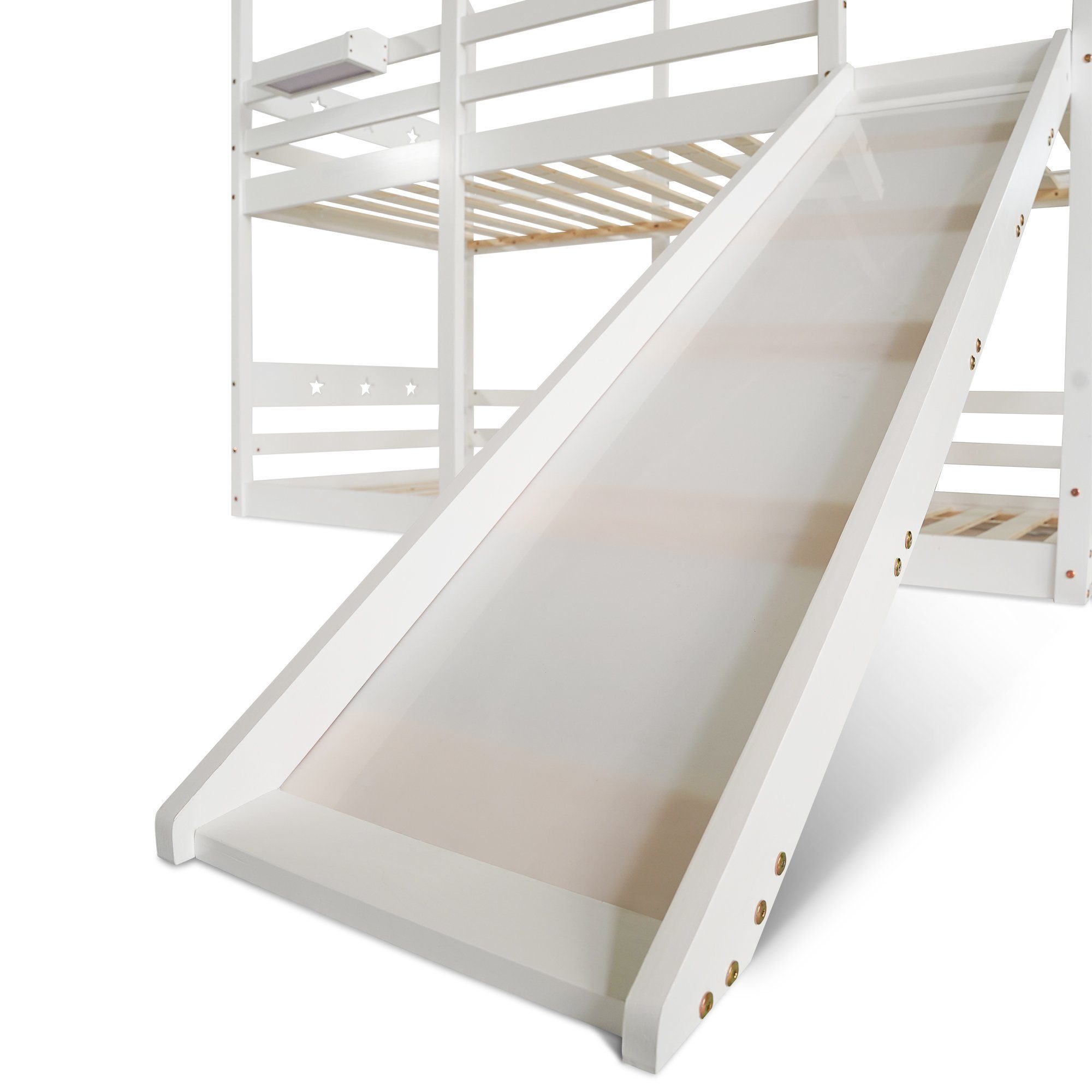 Etagenbett (Hausbett mit Lattenrost), Kinderbett mit Rutsche, Leiter und Rausfallschutz 90x200cm