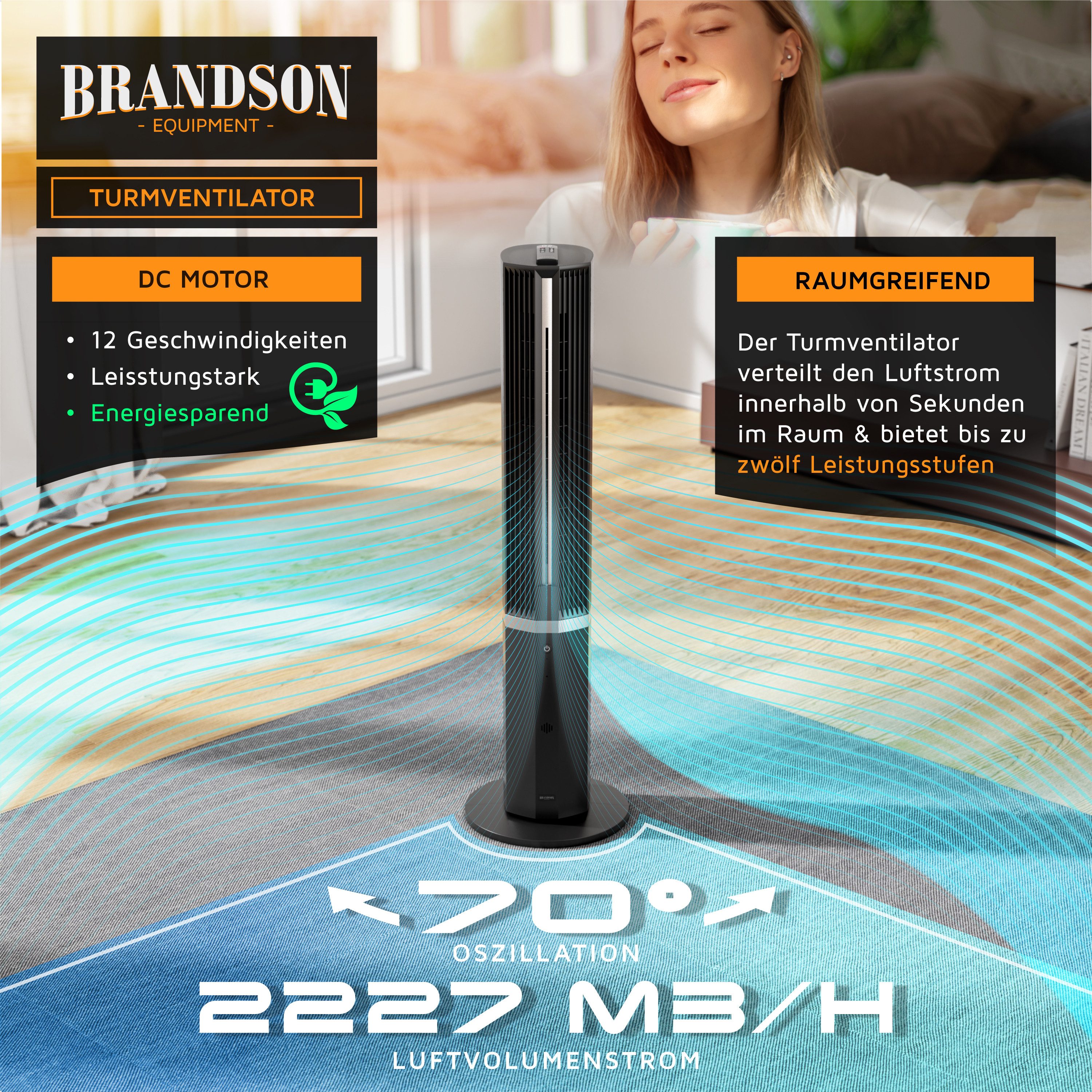 Brandson Turmventilator mobiler Luftkühler, Wasserkühlung, Klimaanlage, Timer, DC-Motor, 55W, Preisträger 2025, Luftbefeuchter, leiser Lüfter, 12 Stufen, GS-Geprüft