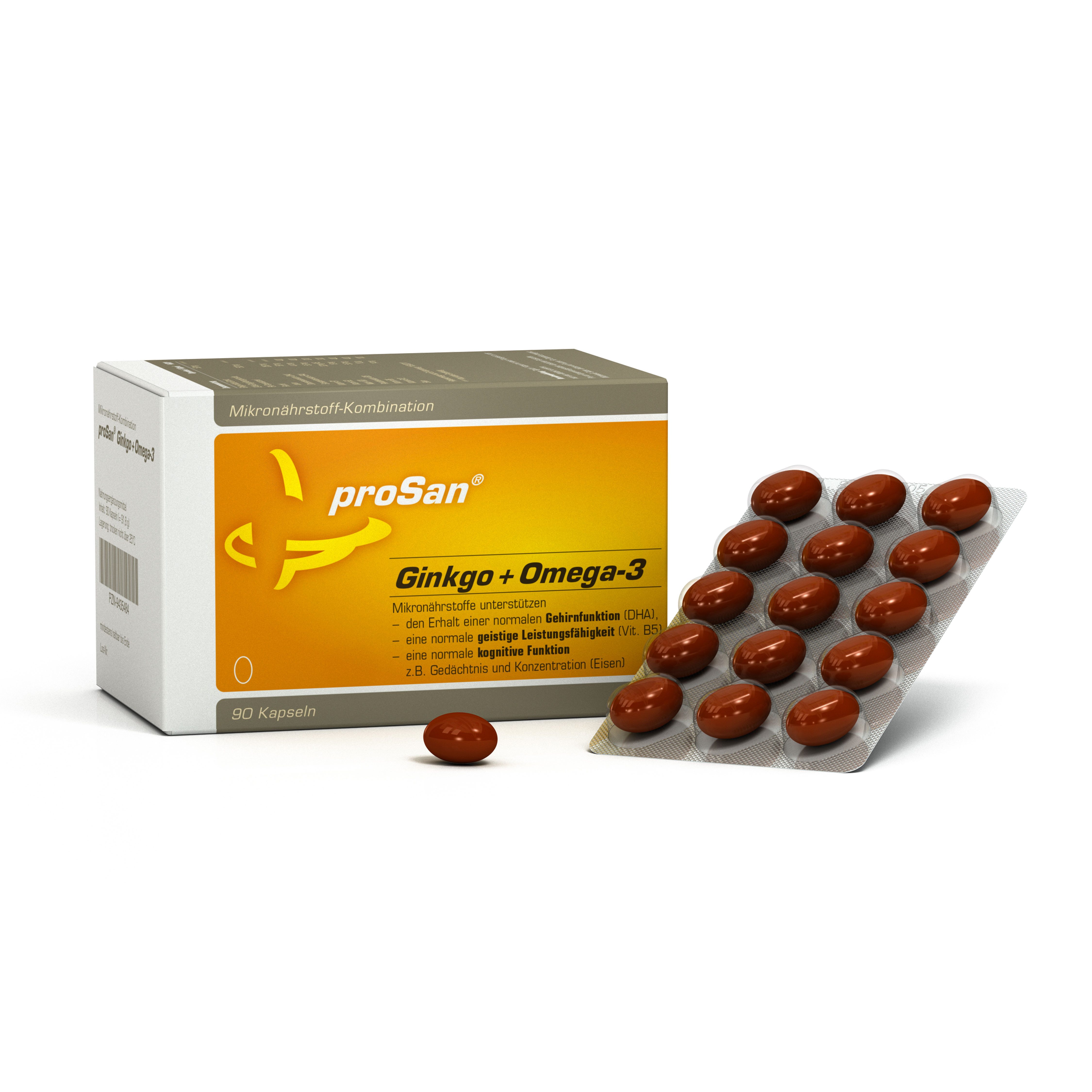 proSan Ginkgo+Omega-3 Kapseln, Gedächtniskapseln bei Vergesslichkeit, Kapseln, 90 St., 92 g