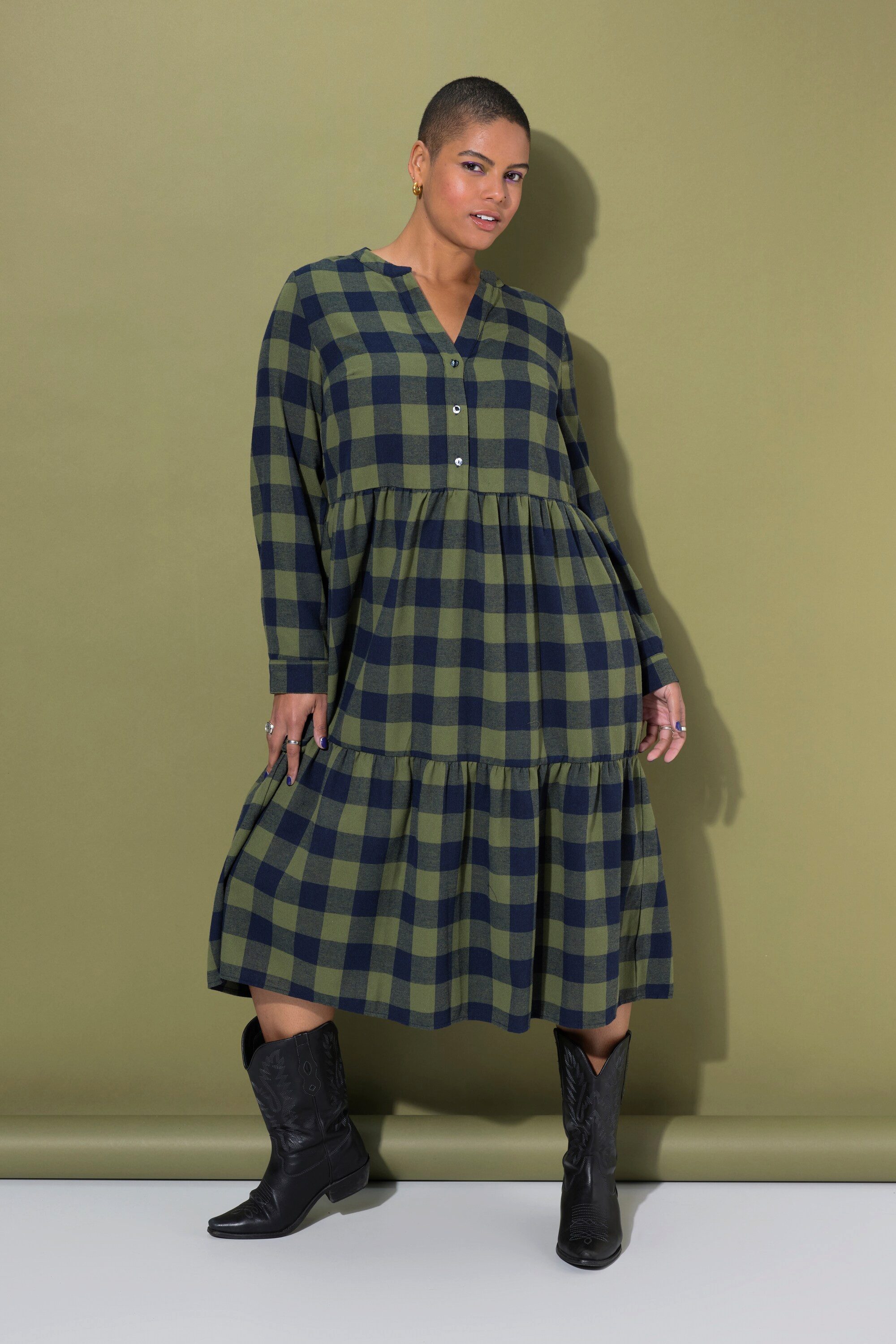 Studio Untold Jerseykleid Midi-Flanellkleid Karo Tunika-Ausschnitt Langarm