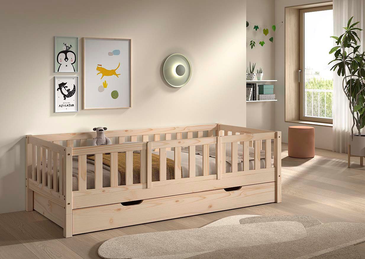 Vipack Daybett Dallas Massiv Bett mit Rausfallschutz umbaubar vom Boden- zum Daybett, mit Bettschublade, wahlweise Kiefer massiv natur oder weiß