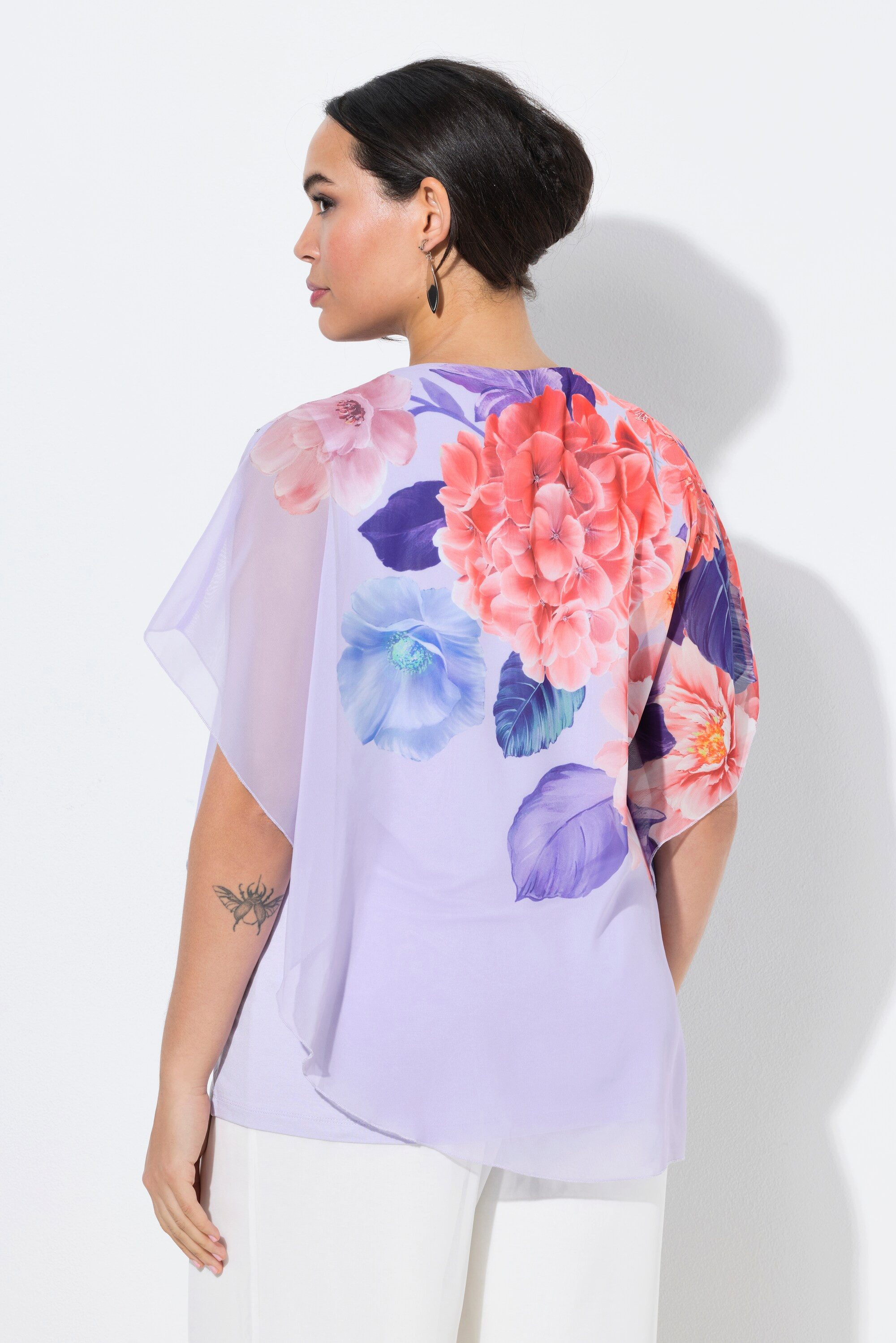 Ulla Popken Longbluse Chiffonbluse Blüten doppellagig Rundhals Halbarm