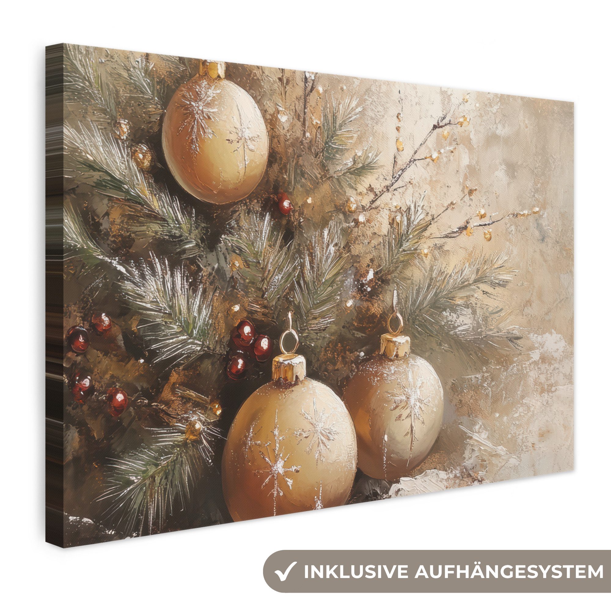 OneMillionCanvasses® Leinwandbild Weihnachten - Kugeln - Beige - Gold, Fotodruck (1 St), Leinwand Bilder Klein, Wand Dekoration Aesthetic 30x20 cm