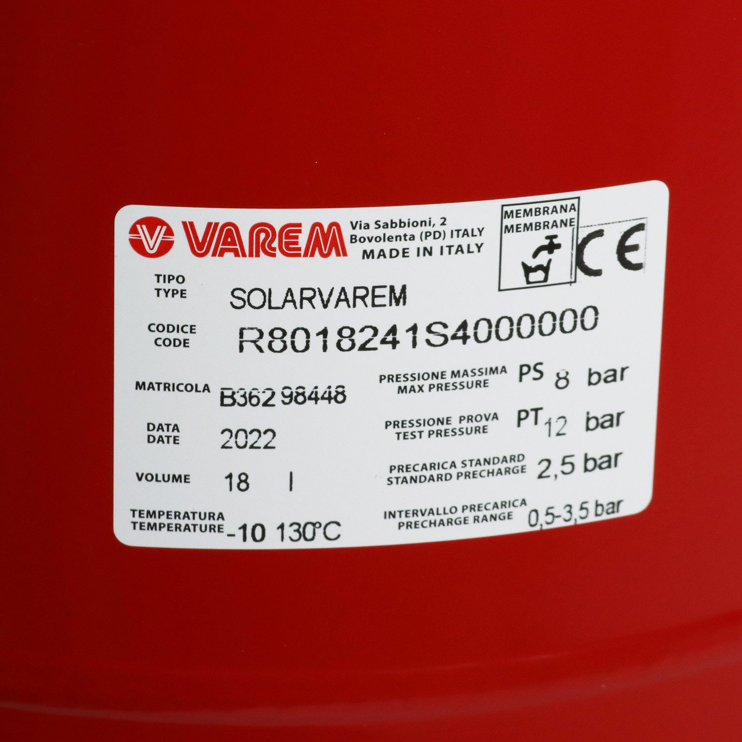 Varem Heizkörper Solar Ausdehnungsgefäß Heizungsanlagen hängend 3/4 270x415 8bar 18L