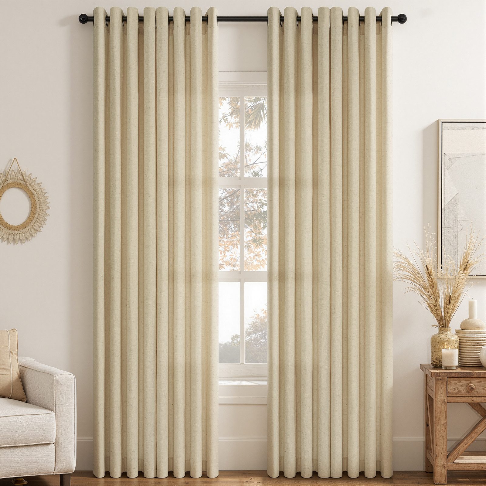 Topfinel Gardine Leinenoptik Gardinen mit Ösen Vorhänge für Wohnzimmer (2 St), Ösen, halbtransparent, vorhänge kinderzimmer halbtransparent Flachsfarbe 140x225 Studie Boho