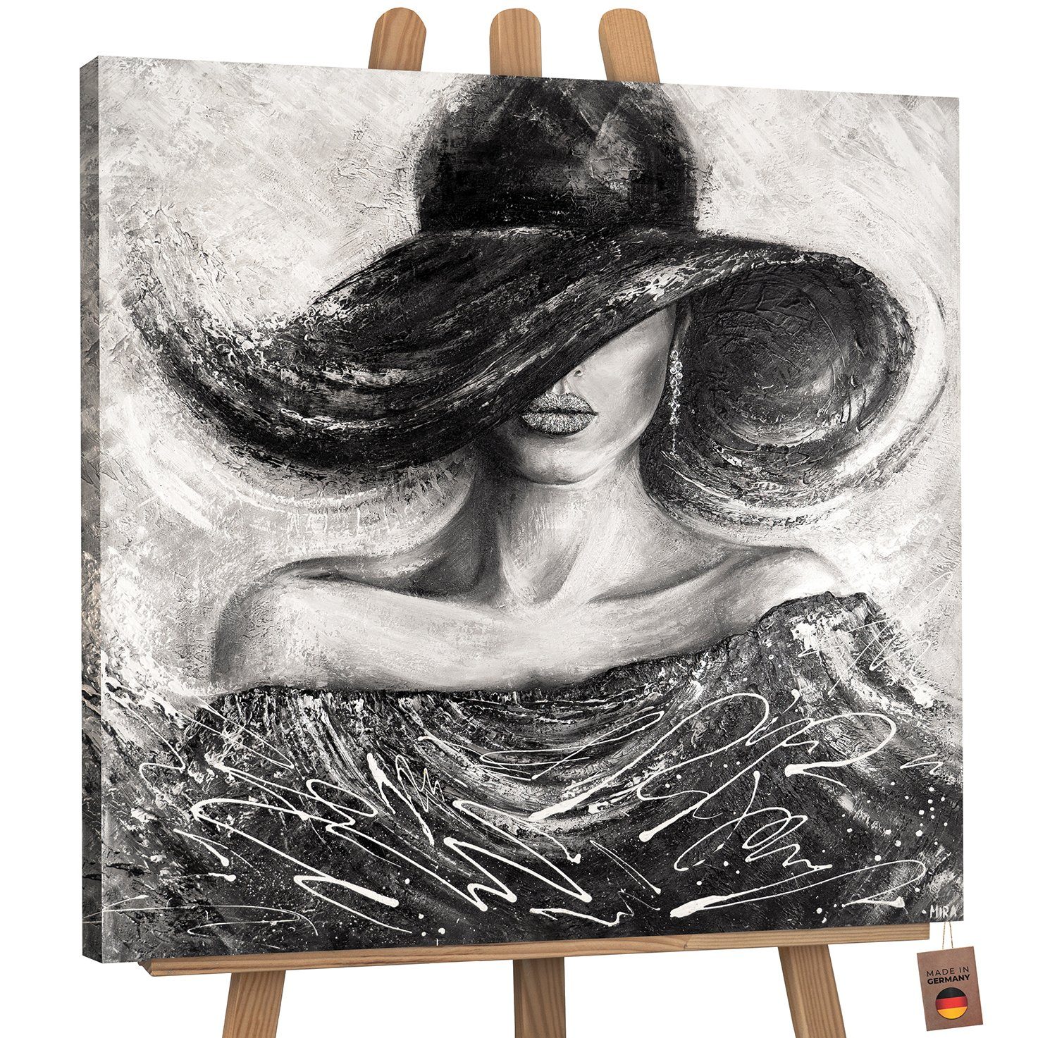 YS-Art Gemälde Charme, Menschen, Leinwand Bild Handgemalt Quadratisch Frau mit Hut schwarz Ohne Schattenfugenrahmen