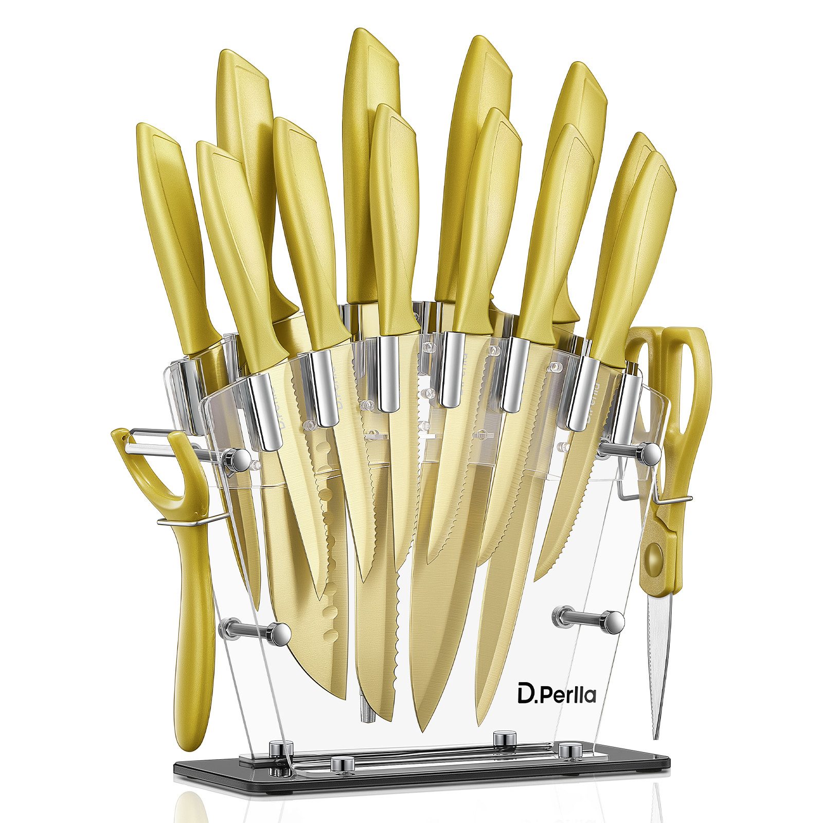D.Perlla Messer-Set 16-teiliges Küchenmesserset aus Edelstahl (Set, 16-tlg), mit antihaftbeschichteter Klinge, golden