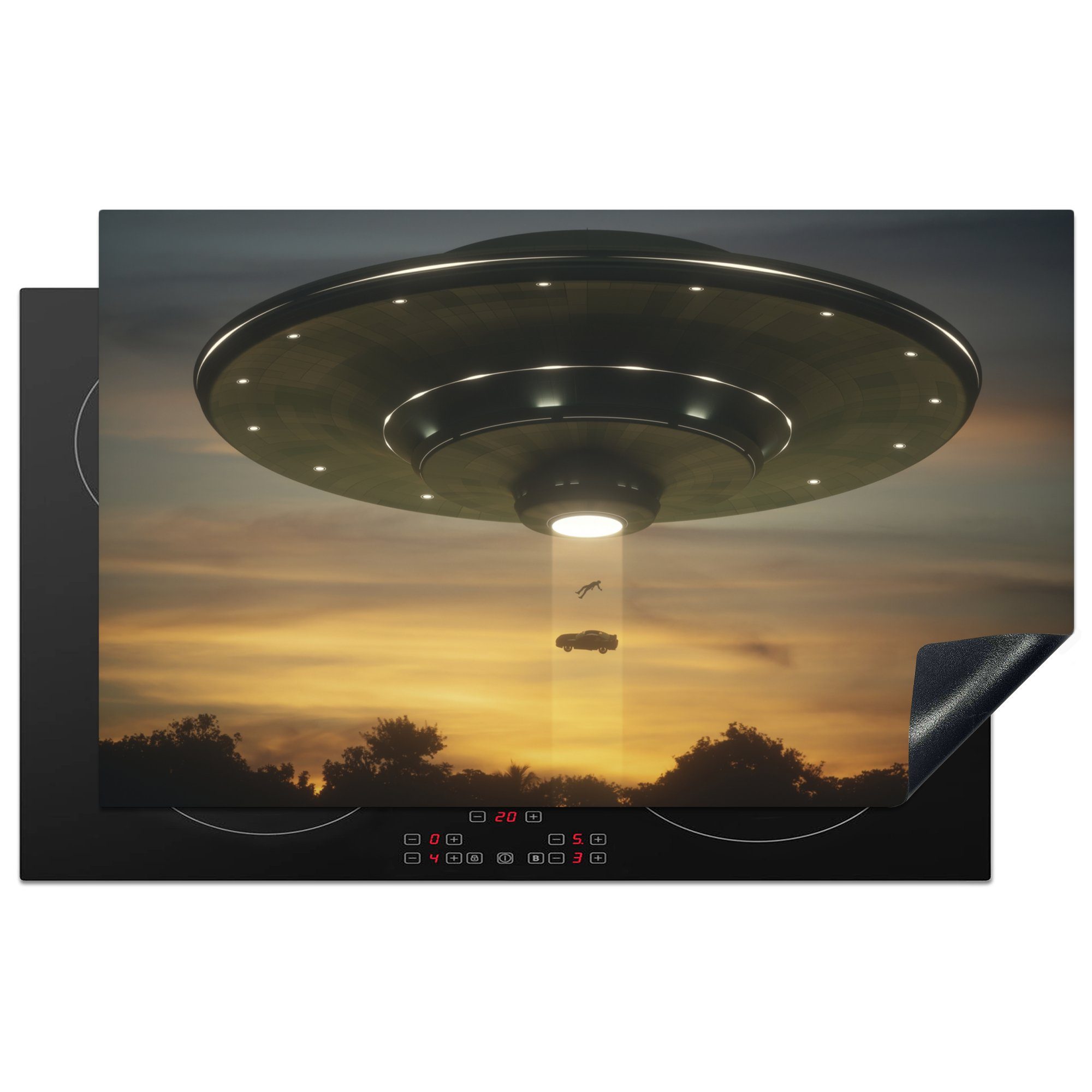 MuchoWow Herdblende-/Abdeckplatte Eine Illustration eines UFOs, das ein Auto in die Luft jagt - Jungen -, Vinyl, (1 tlg), 83x51 cm, Ceranfeldabdeckung, Arbeitsplatte für küche