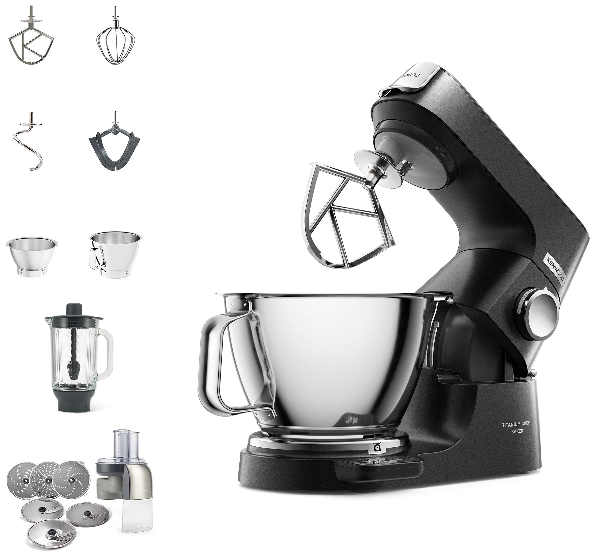 KENWOOD Küchenmaschine Titanium Chef Baker KVC85.004BK, 1200 W, 5 l Schüssel, Zubehör, Gratis Wert: UVP 319,- Gratis Mixaufsatz + Schnitzelwerk