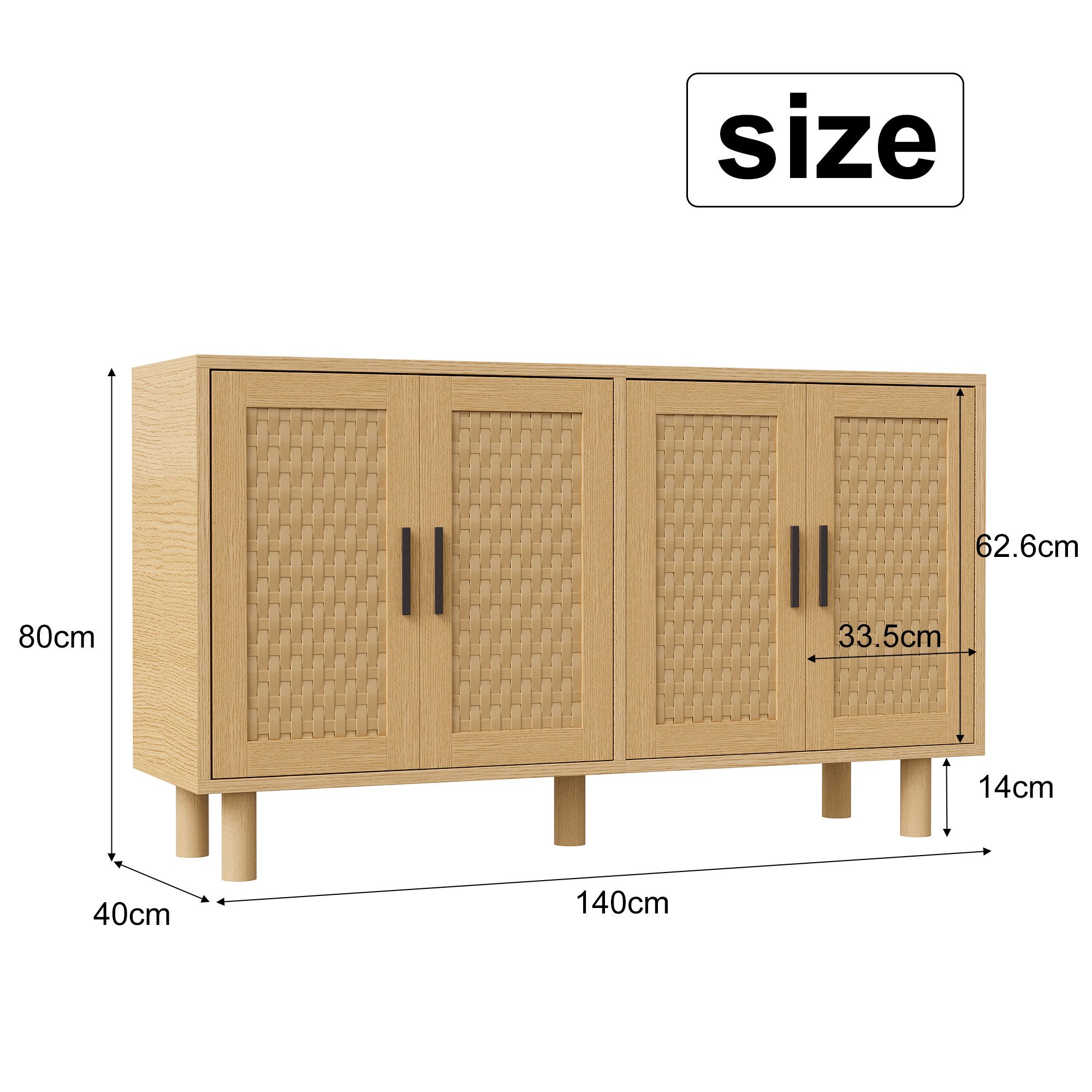 Simurq Kommode Sideboard Kommode Rattan-Optik 4 Türen 140 cm (Set, Buffetschrank Highboard mit 4 Rattan Türen), für Schlafzimmer, Wohnzimmer, Flur, 140 x 40 x 80 cm, Holzfarbe