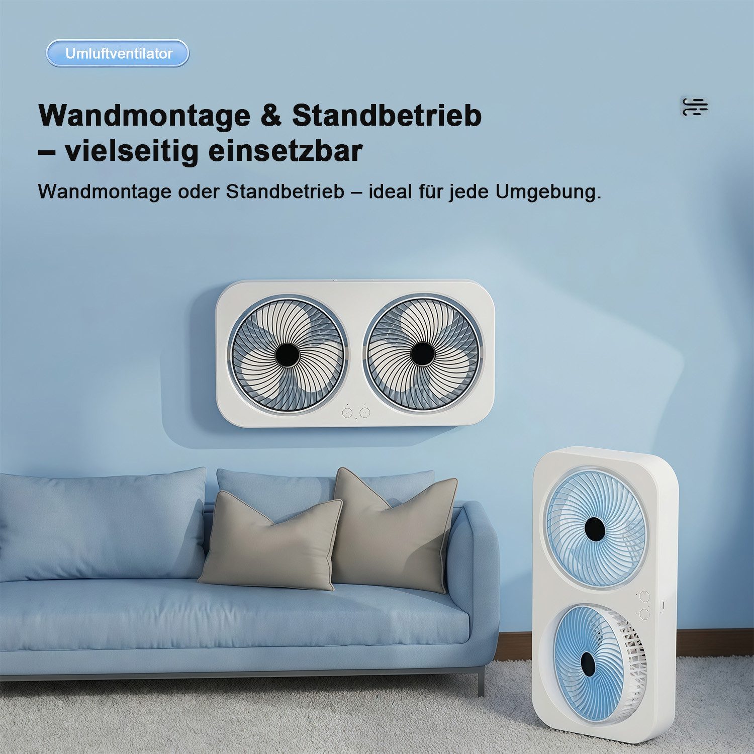 MOPUEA Standventilator 90° Drehbar Doppelkopf Ventilator Luftzirkulator USB Tischventilator, 3 Windstufen Mit Handyhalterung Stand- & Wandmontage Akku Leise – Bild 5 von 5