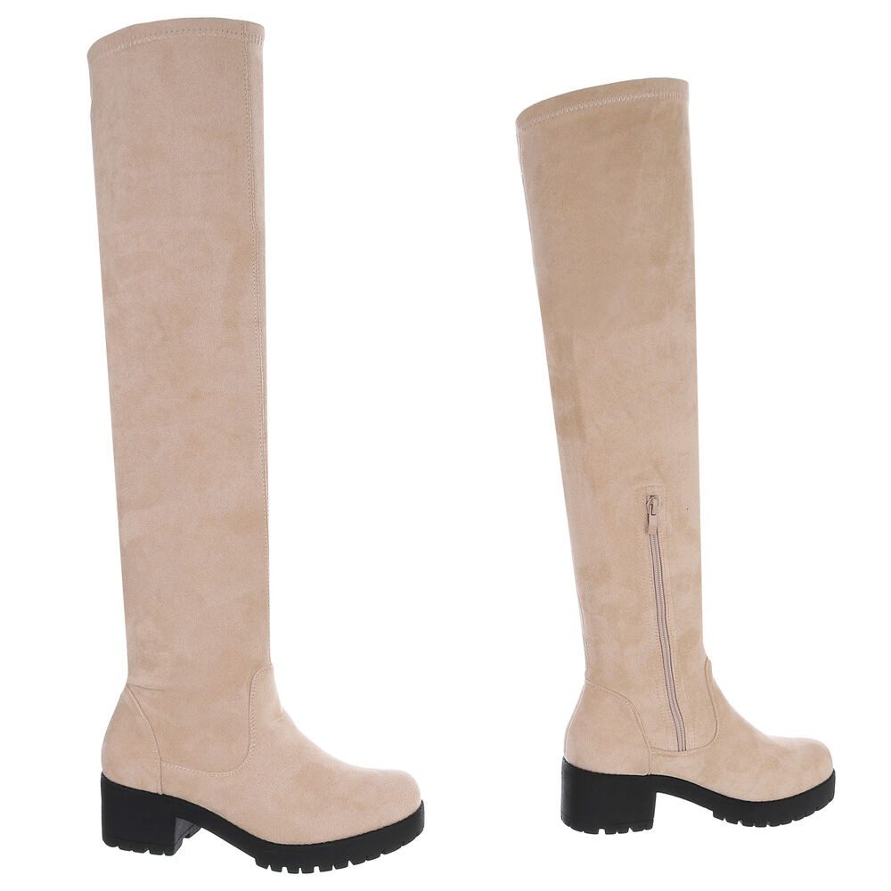 Ital-Design Elegante Overknee-Stiefel für Damen mit rutschfester Sohle Overkneestiefel (90827504) Blockabsatz Stiefel in Beige – Bild 4 von 5